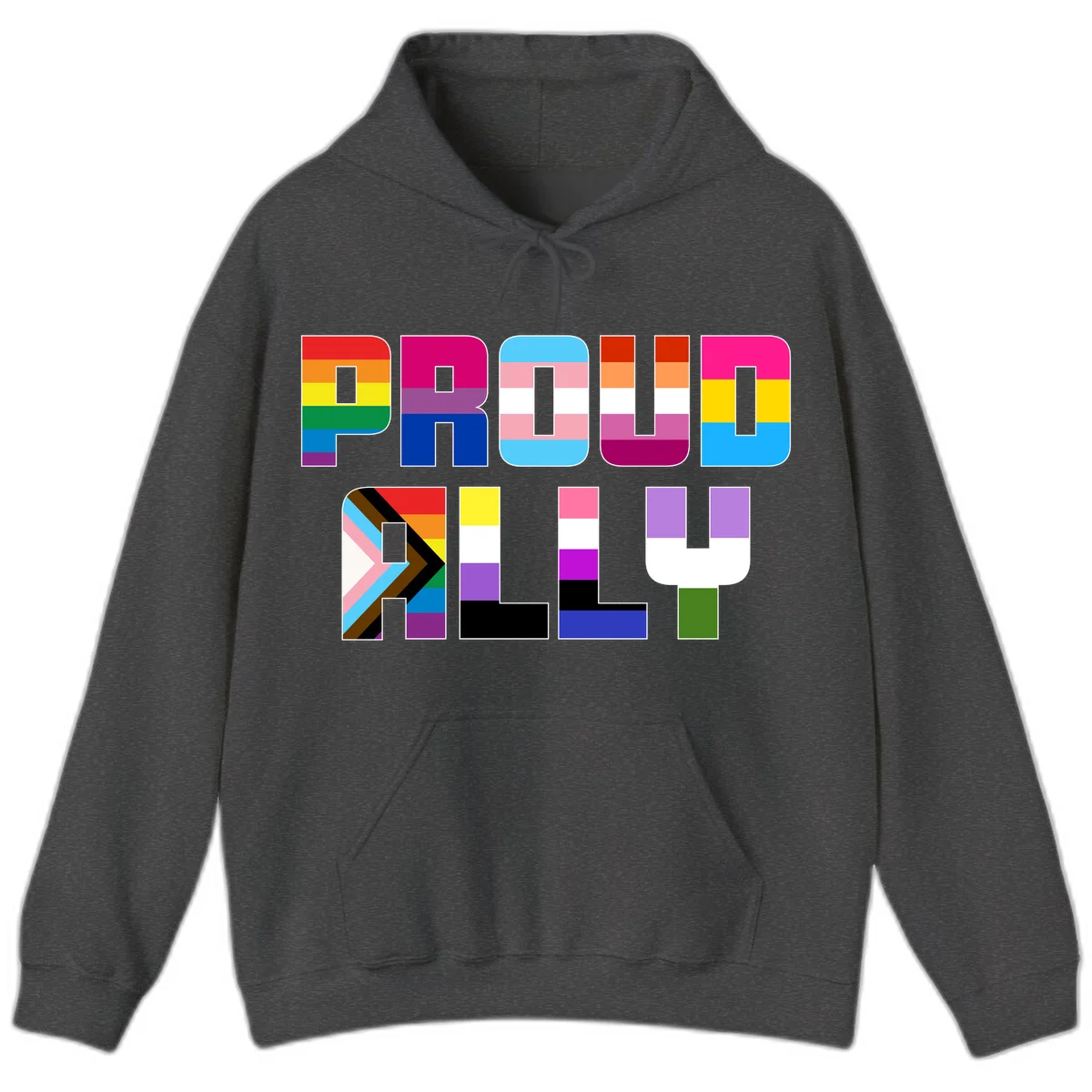 Colorful alphabet letters constructed from pride flags including rainbow, trans, and intersex designs on gray background in Dark Heather