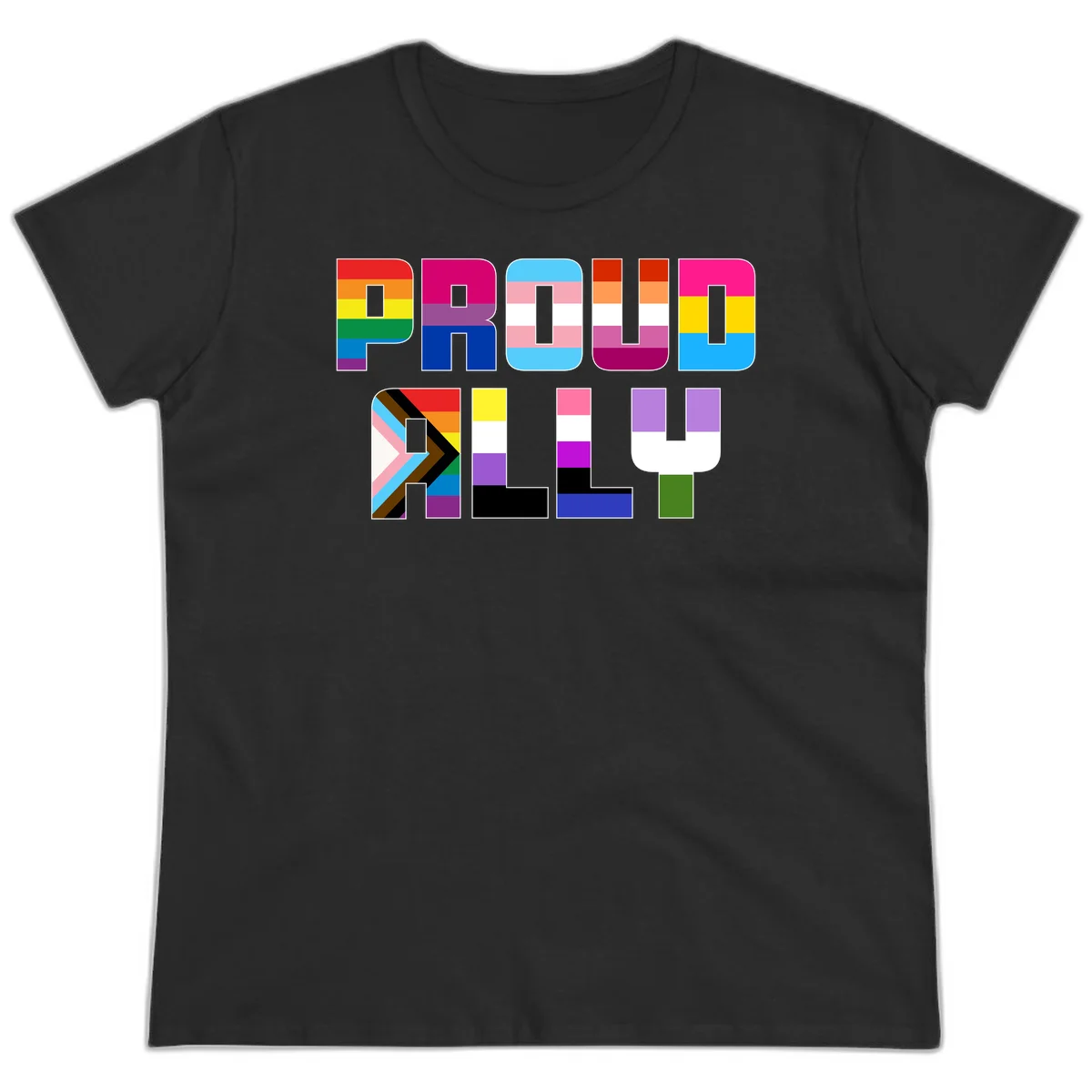 Colorful alphabet letters constructed from pride flags including rainbow, trans, and intersex designs on gray background in Black