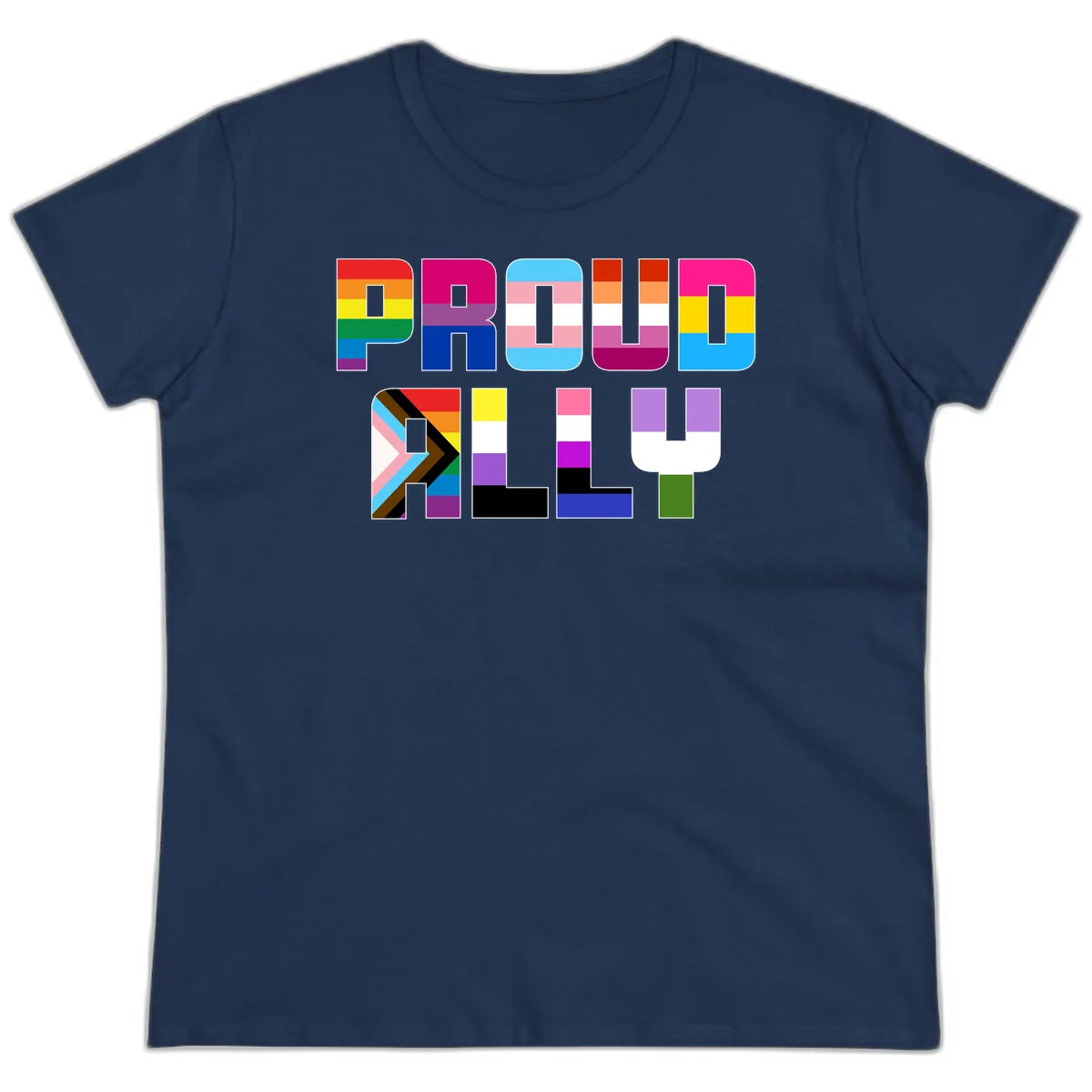 Colorful alphabet letters constructed from pride flags including rainbow, trans, and intersex designs on gray background in Navy