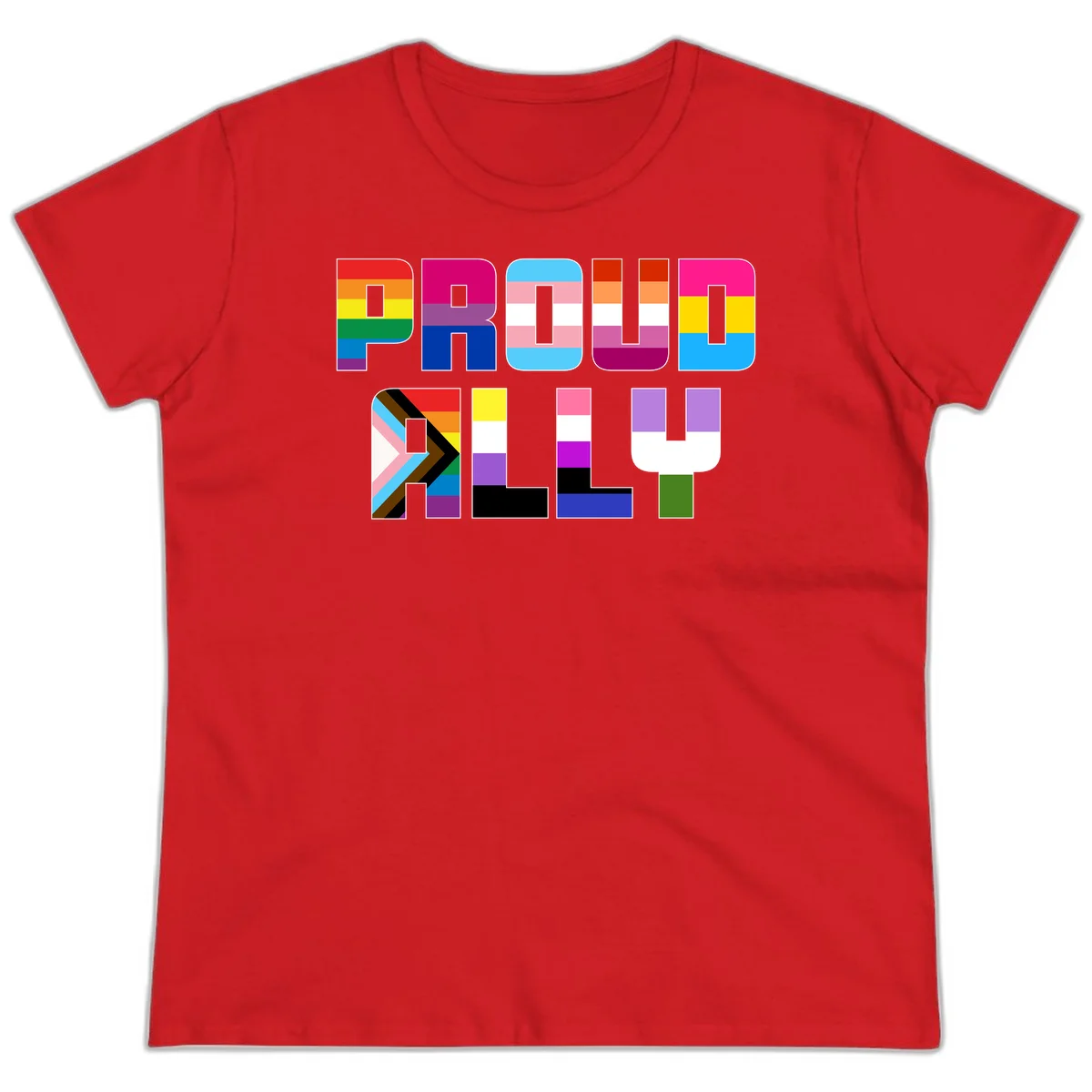 Colorful alphabet letters constructed from pride flags including rainbow, trans, and intersex designs on gray background in Red