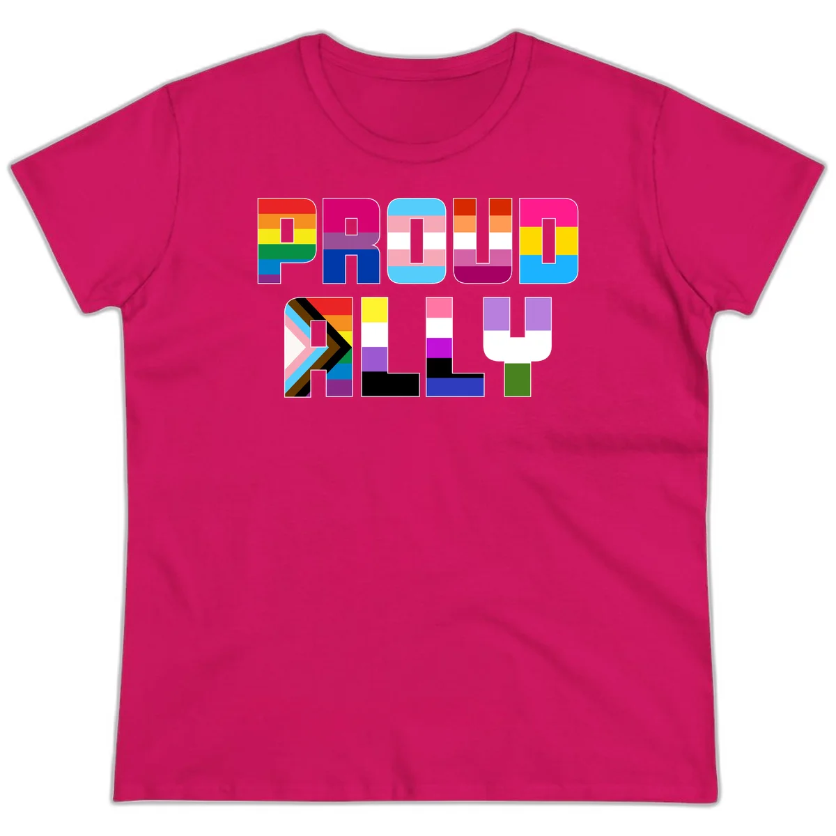 Colorful alphabet letters constructed from pride flags including rainbow, trans, and intersex designs on gray background in Heliconia