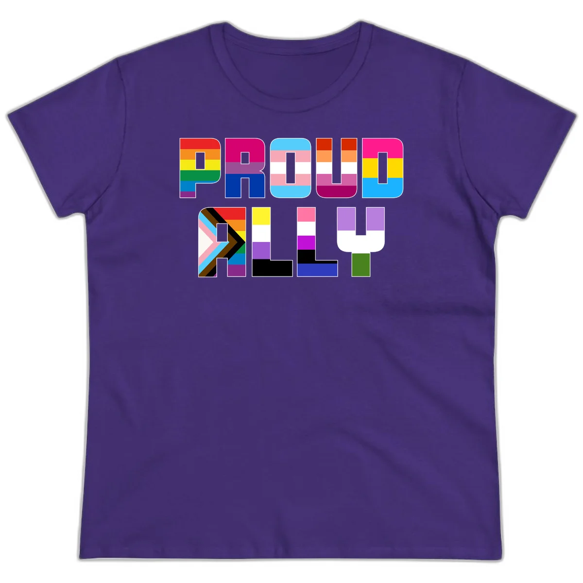 Colorful alphabet letters constructed from pride flags including rainbow, trans, and intersex designs on gray background in Purple