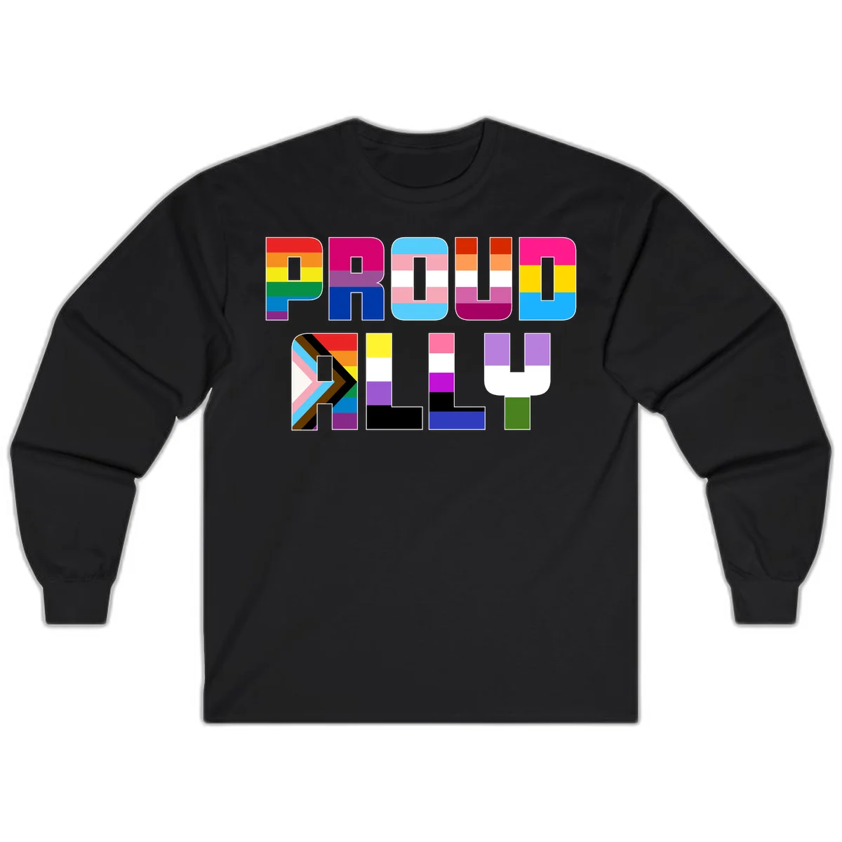 Colorful alphabet letters constructed from pride flags including rainbow, trans, and intersex designs on gray background in Black