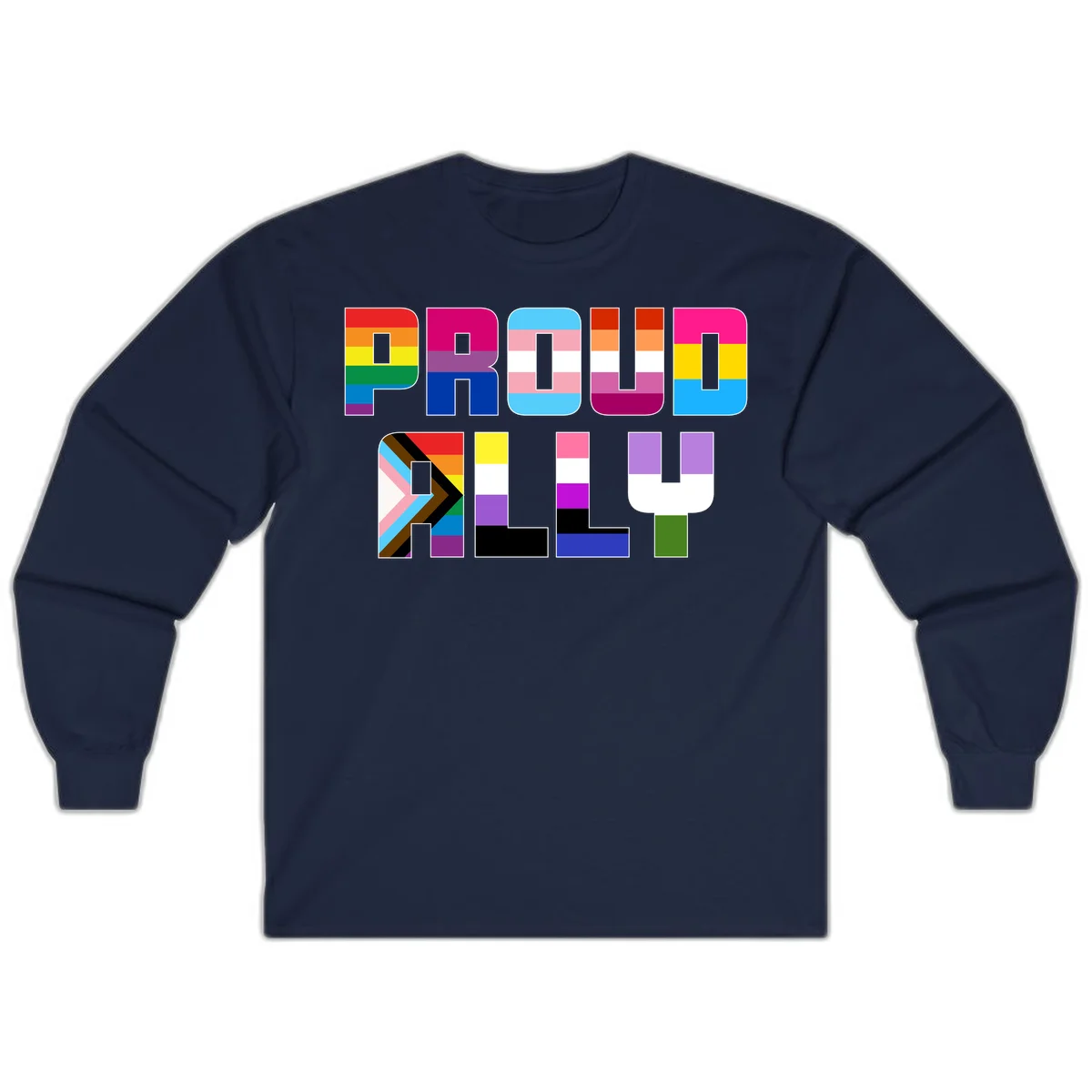 Colorful alphabet letters constructed from pride flags including rainbow, trans, and intersex designs on gray background in Navy