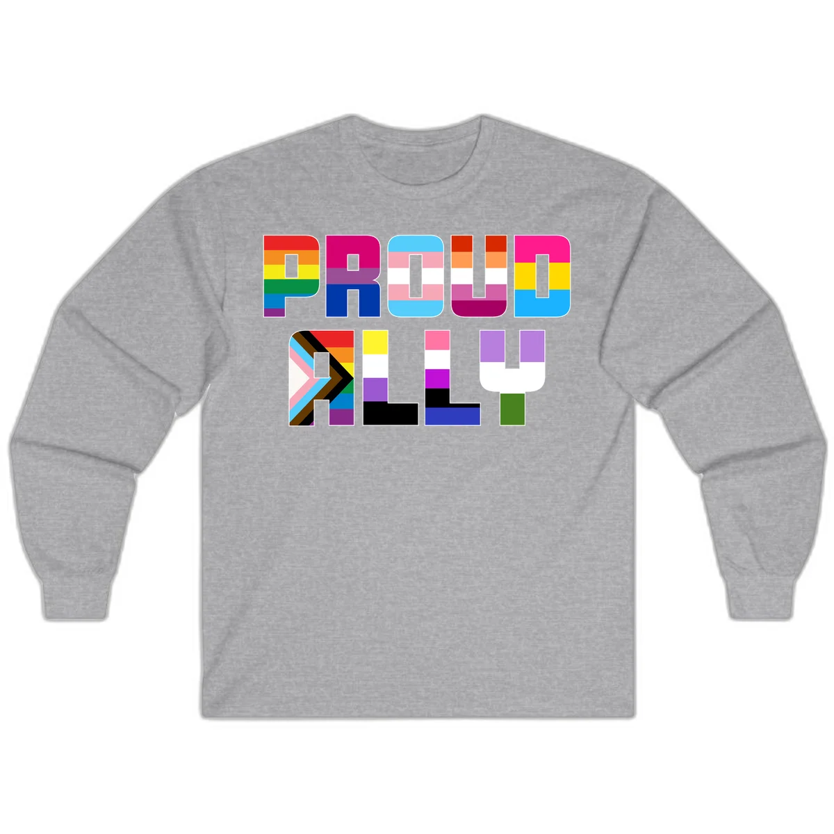 Colorful alphabet letters constructed from pride flags including rainbow, trans, and intersex designs on gray background in Sport Grey