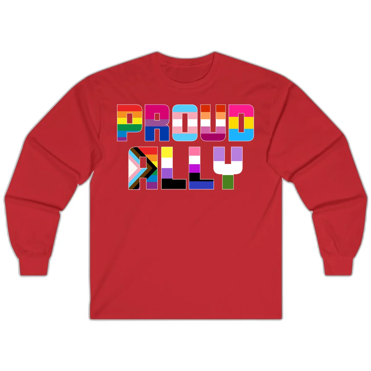 Colorful alphabet letters constructed from pride flags including rainbow, trans, and intersex designs on gray background in Red
