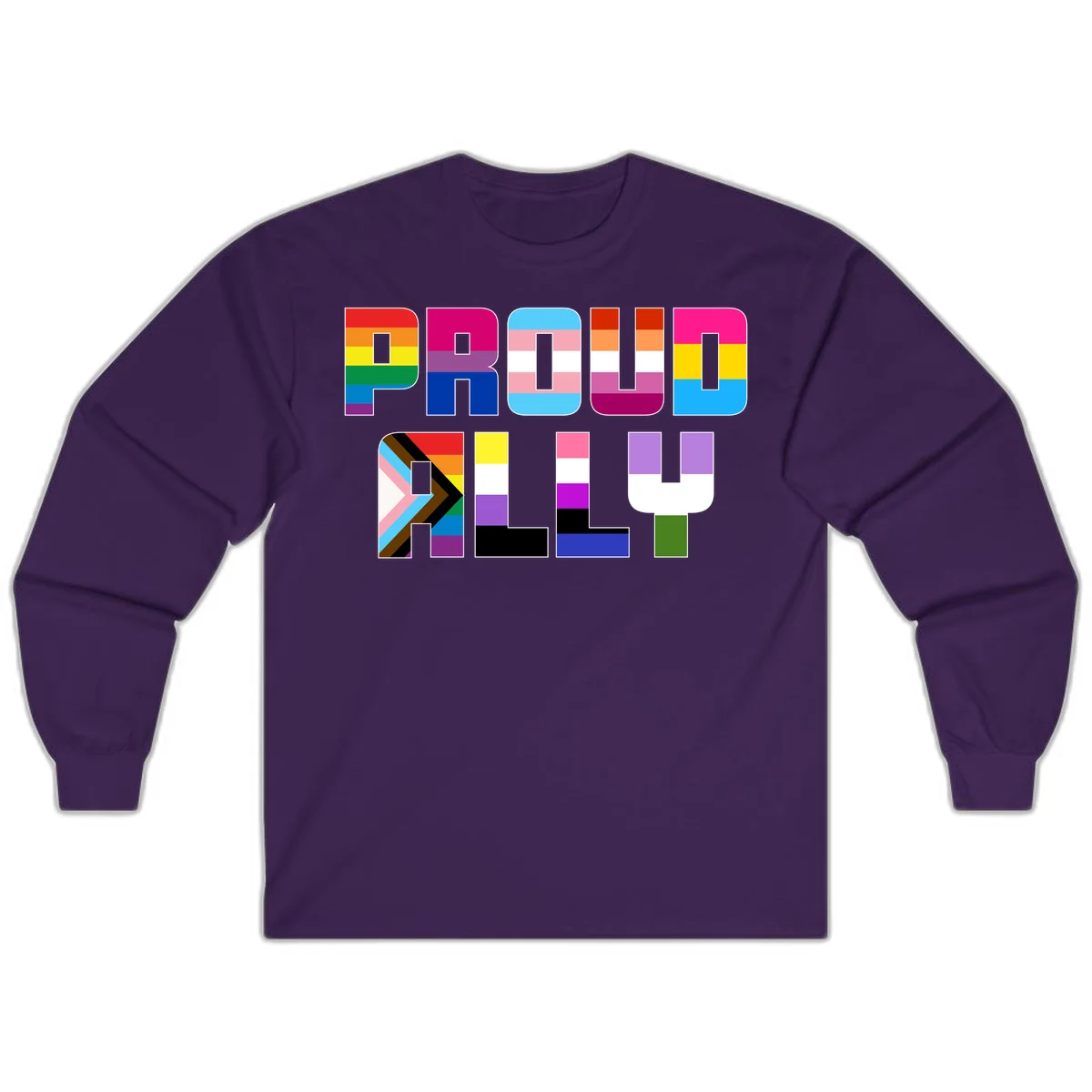 Colorful alphabet letters constructed from pride flags including rainbow, trans, and intersex designs on gray background in Purple