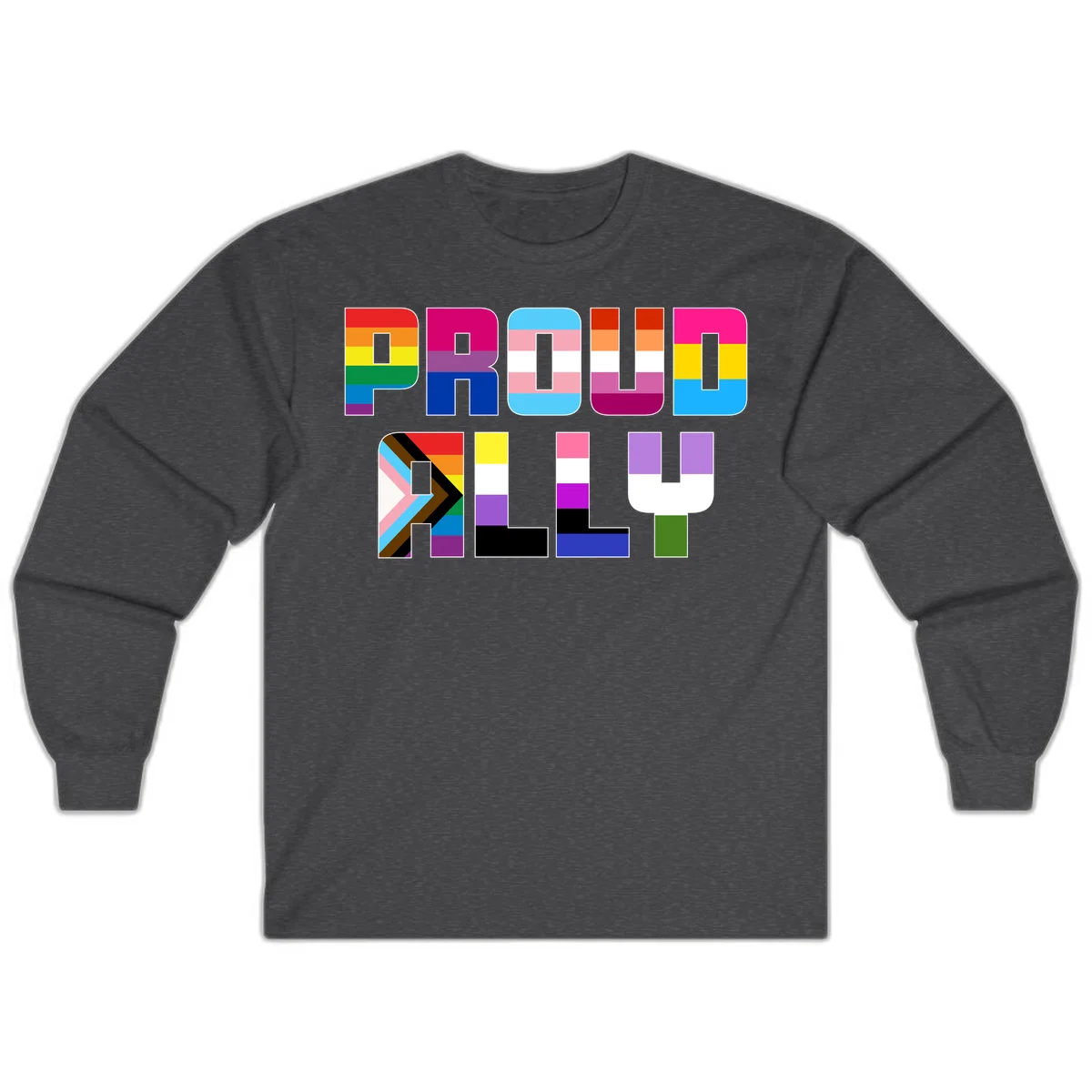 Colorful alphabet letters constructed from pride flags including rainbow, trans, and intersex designs on gray background in Dark Heather
