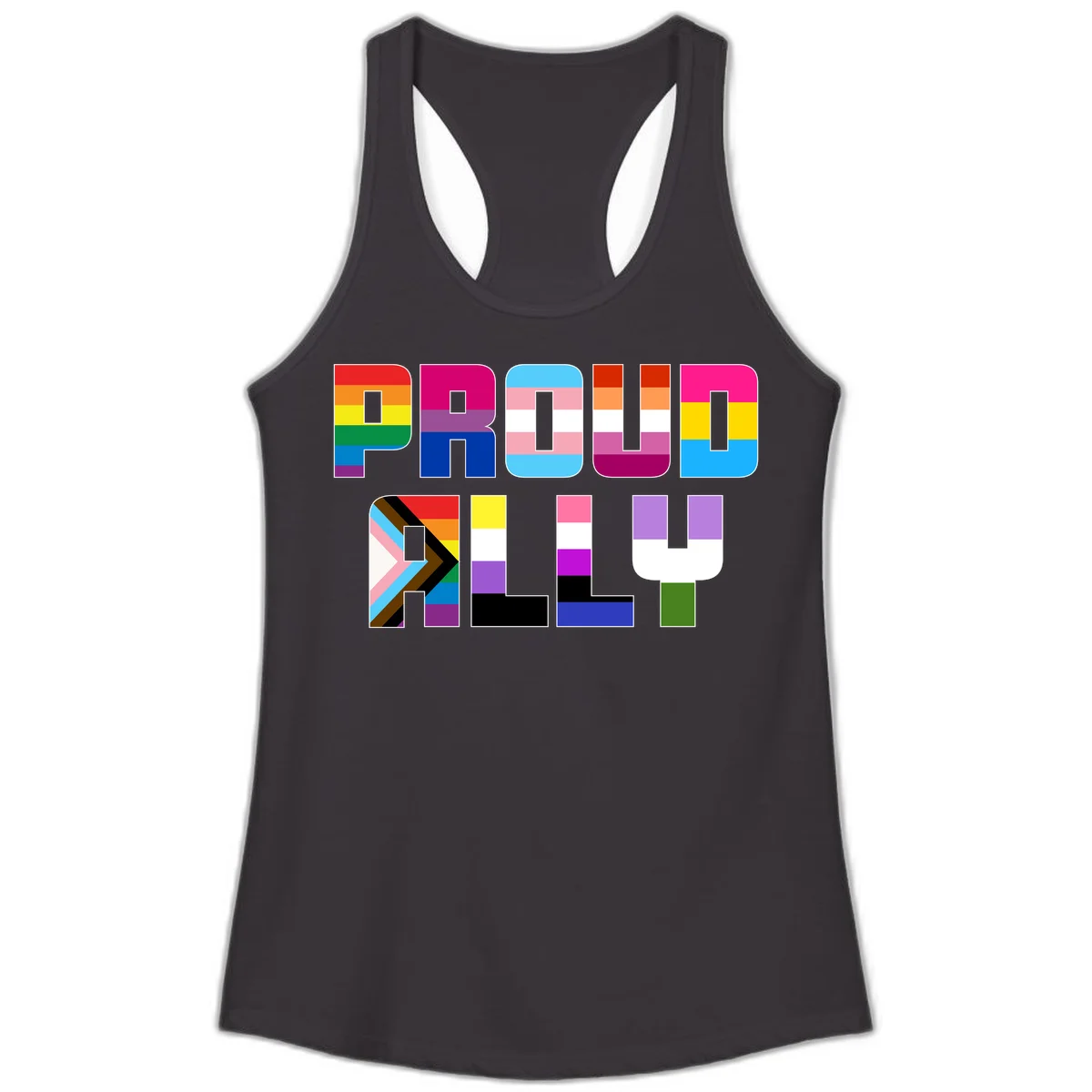 Colorful alphabet letters constructed from pride flags including rainbow, trans, and intersex designs on gray background in Black