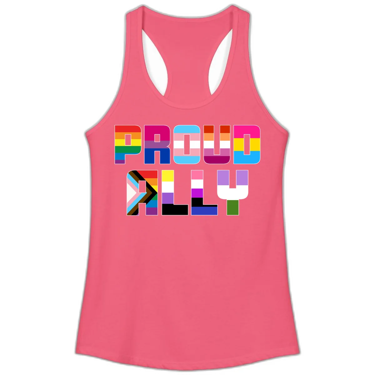 Colorful alphabet letters constructed from pride flags including rainbow, trans, and intersex designs on gray background in Hot Pink