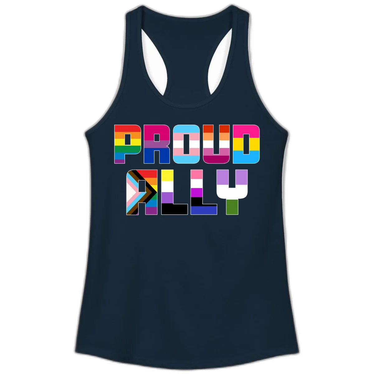 Colorful alphabet letters constructed from pride flags including rainbow, trans, and intersex designs on gray background in Solid Midnight Navy