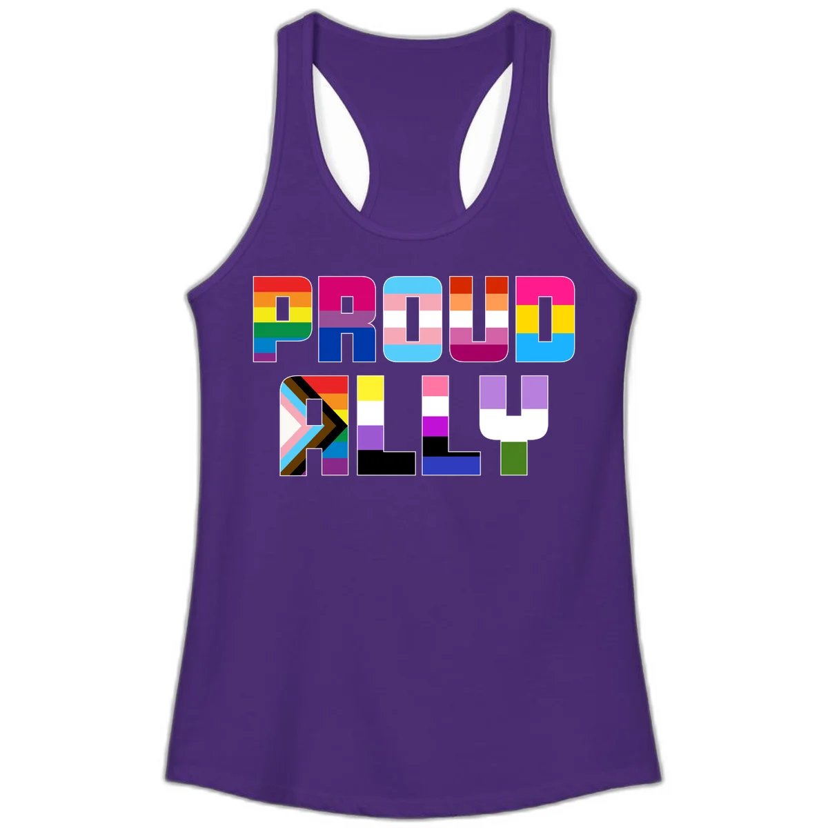 Colorful alphabet letters constructed from pride flags including rainbow, trans, and intersex designs on gray background in Solid Purple Rush