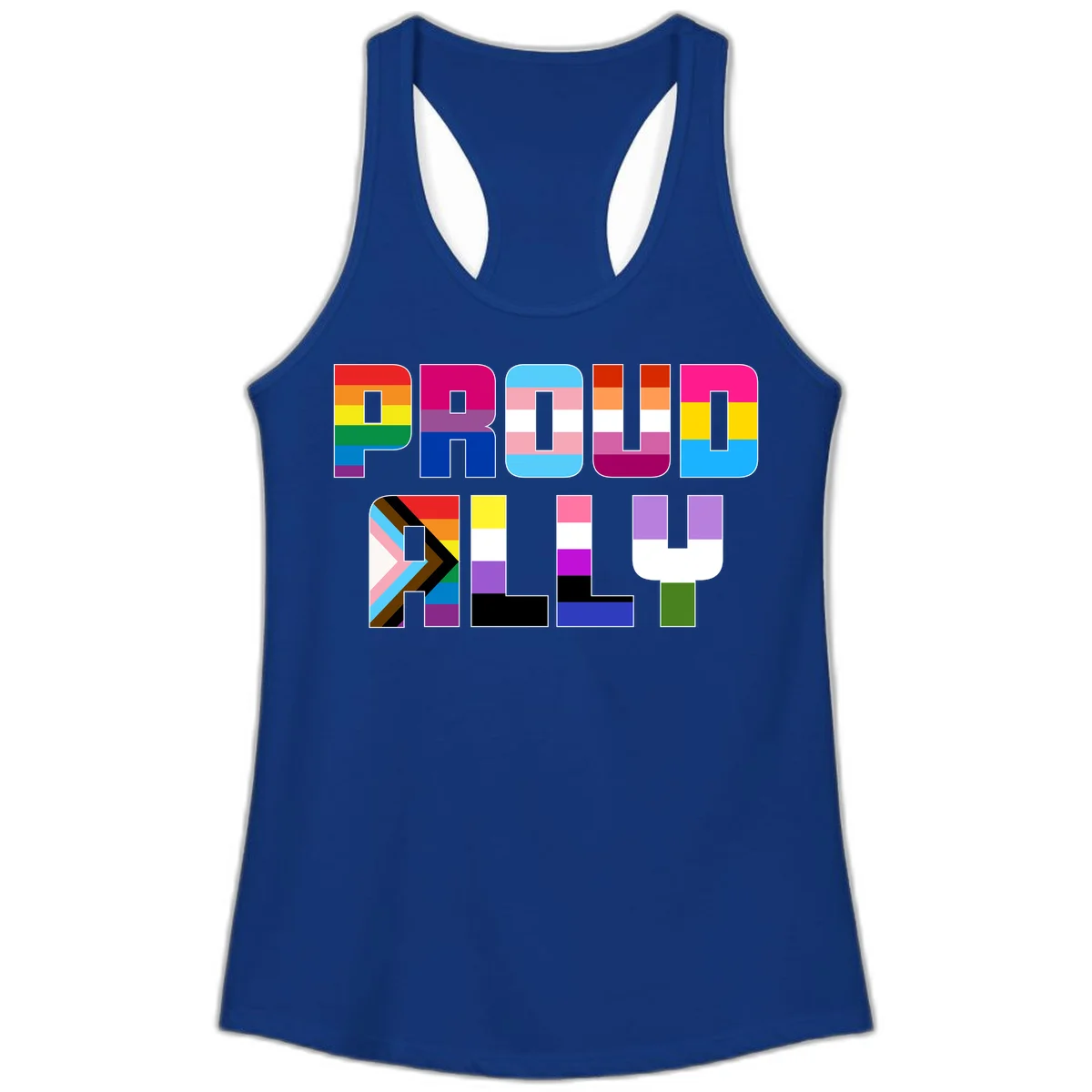 Colorful alphabet letters constructed from pride flags including rainbow, trans, and intersex designs on gray background in Solid Royal