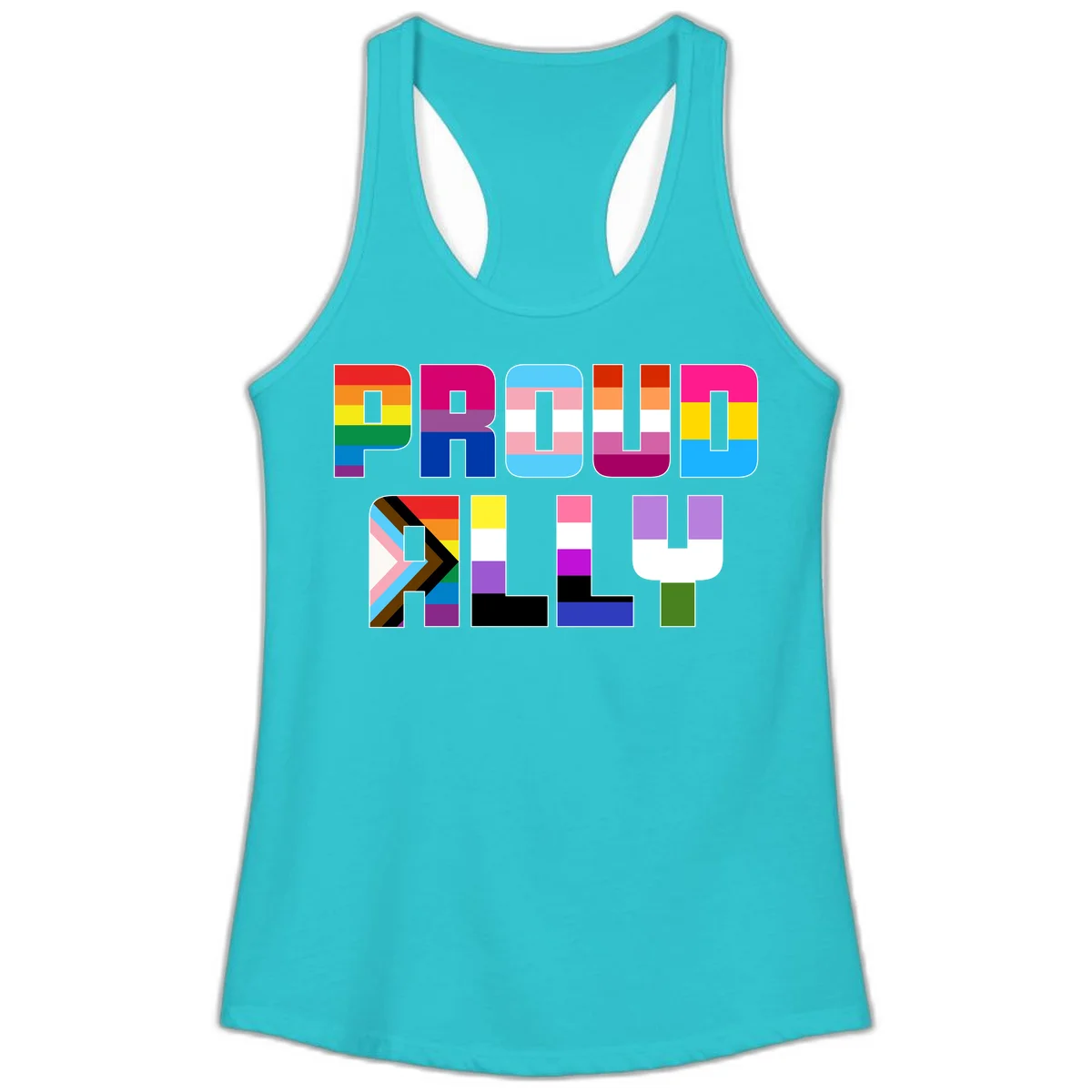 Colorful alphabet letters constructed from pride flags including rainbow, trans, and intersex designs on gray background in Solid Tahiti Blue