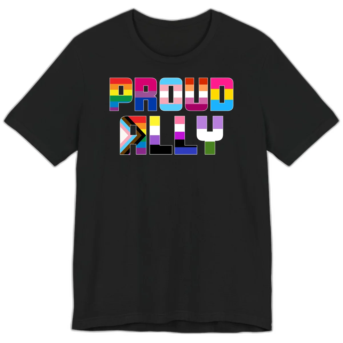 Colorful alphabet letters constructed from pride flags including rainbow, trans, and intersex designs on gray background in Black