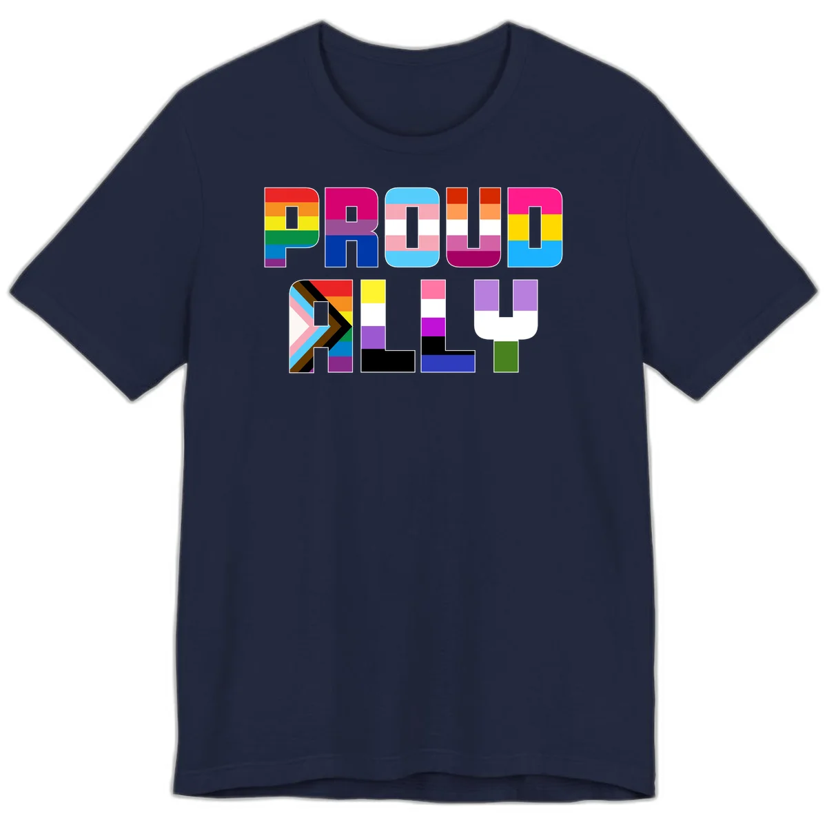 Colorful alphabet letters constructed from pride flags including rainbow, trans, and intersex designs on gray background in Navy