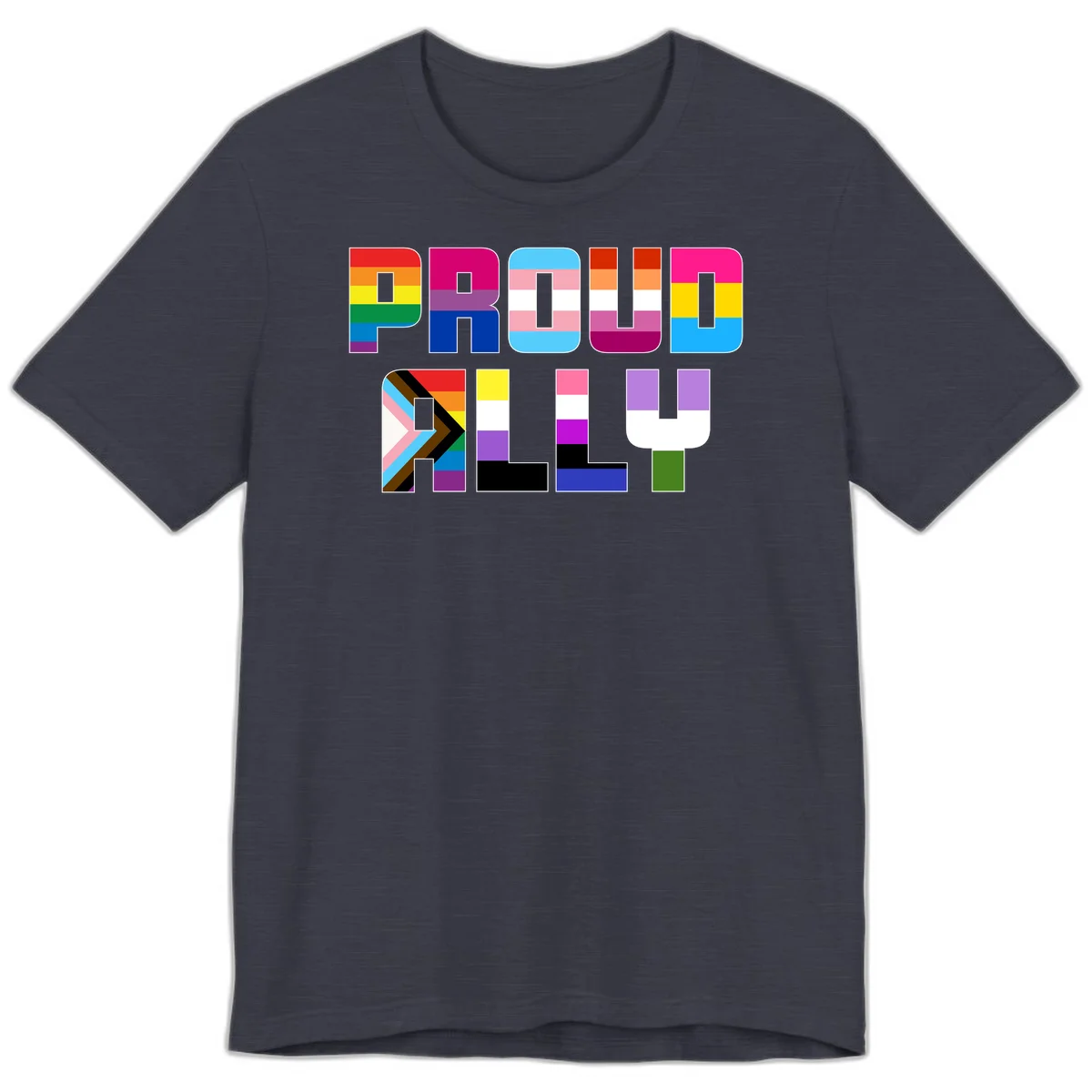 Colorful alphabet letters constructed from pride flags including rainbow, trans, and intersex designs on gray background in Heather Midnight Navy