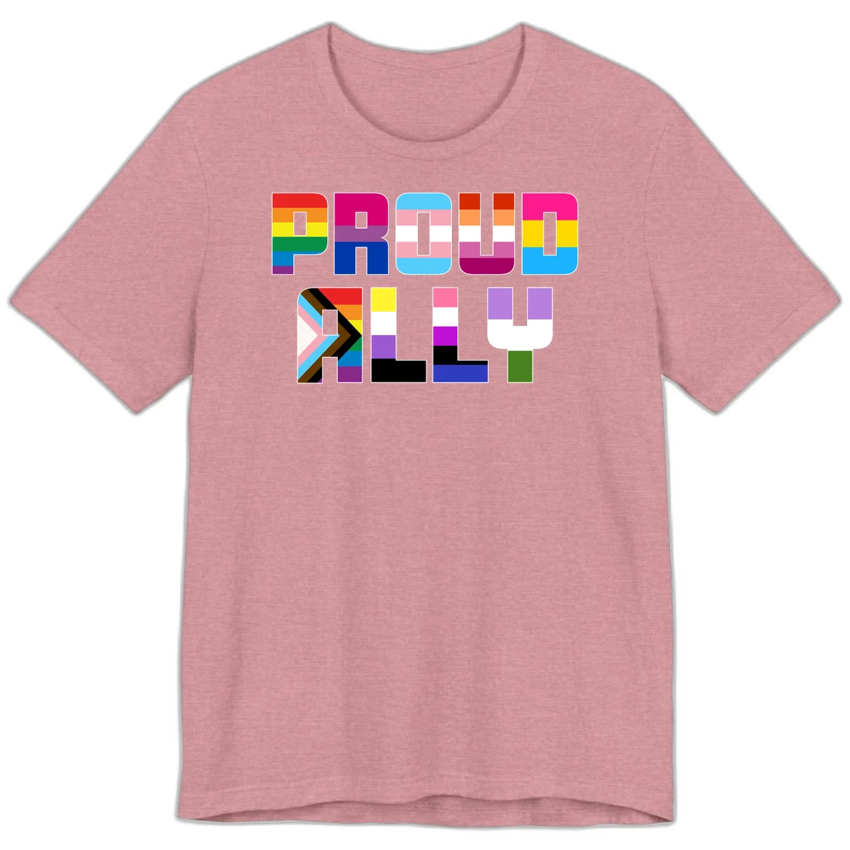 Colorful alphabet letters constructed from pride flags including rainbow, trans, and intersex designs on gray background in Heather Orchid