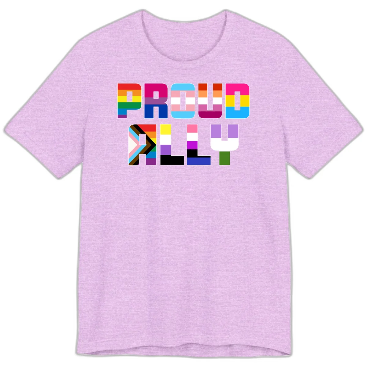 Colorful alphabet letters constructed from pride flags including rainbow, trans, and intersex designs on gray background in Heather Prism Lilac
