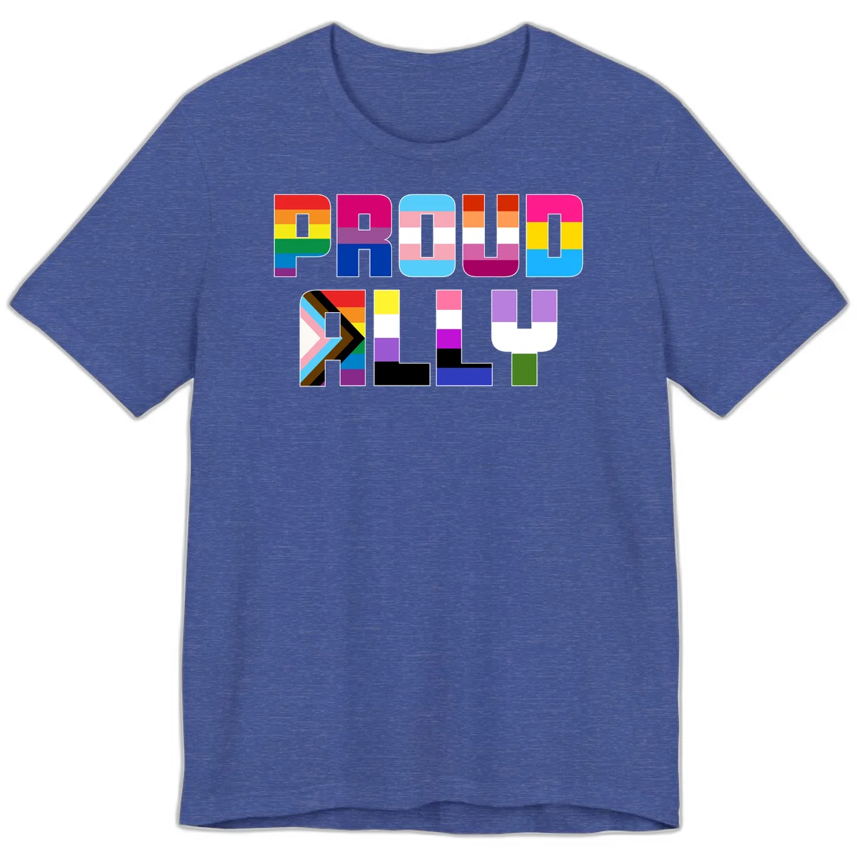 Colorful alphabet letters constructed from pride flags including rainbow, trans, and intersex designs on gray background in Heather True Royal