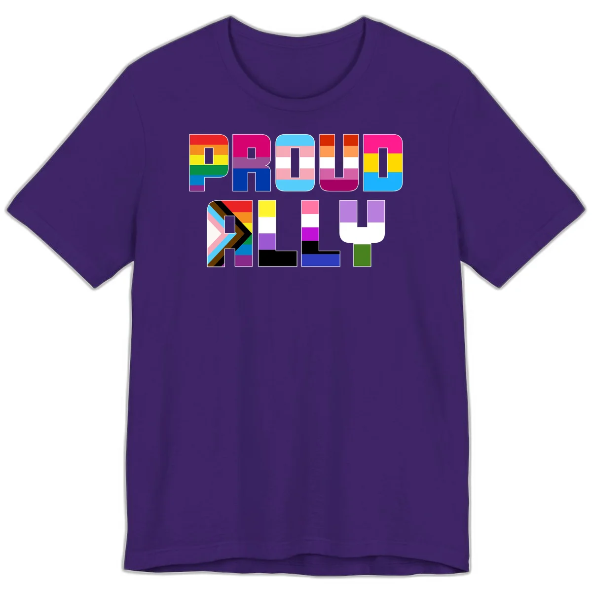 Colorful alphabet letters constructed from pride flags including rainbow, trans, and intersex designs on gray background in Team Purple