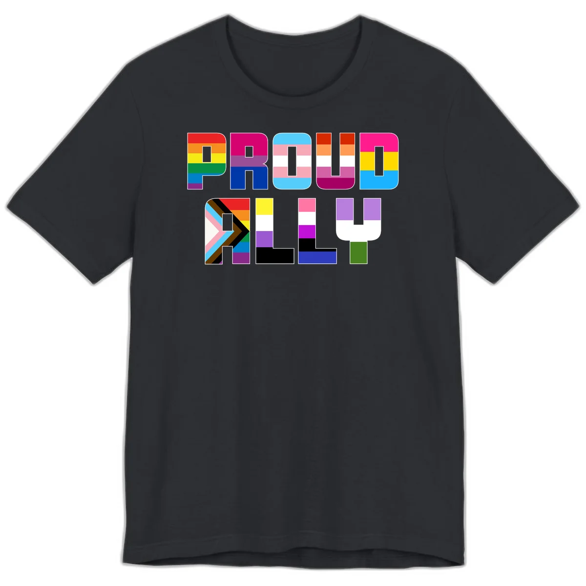 Colorful alphabet letters constructed from pride flags including rainbow, trans, and intersex designs on gray background in Vintage Black