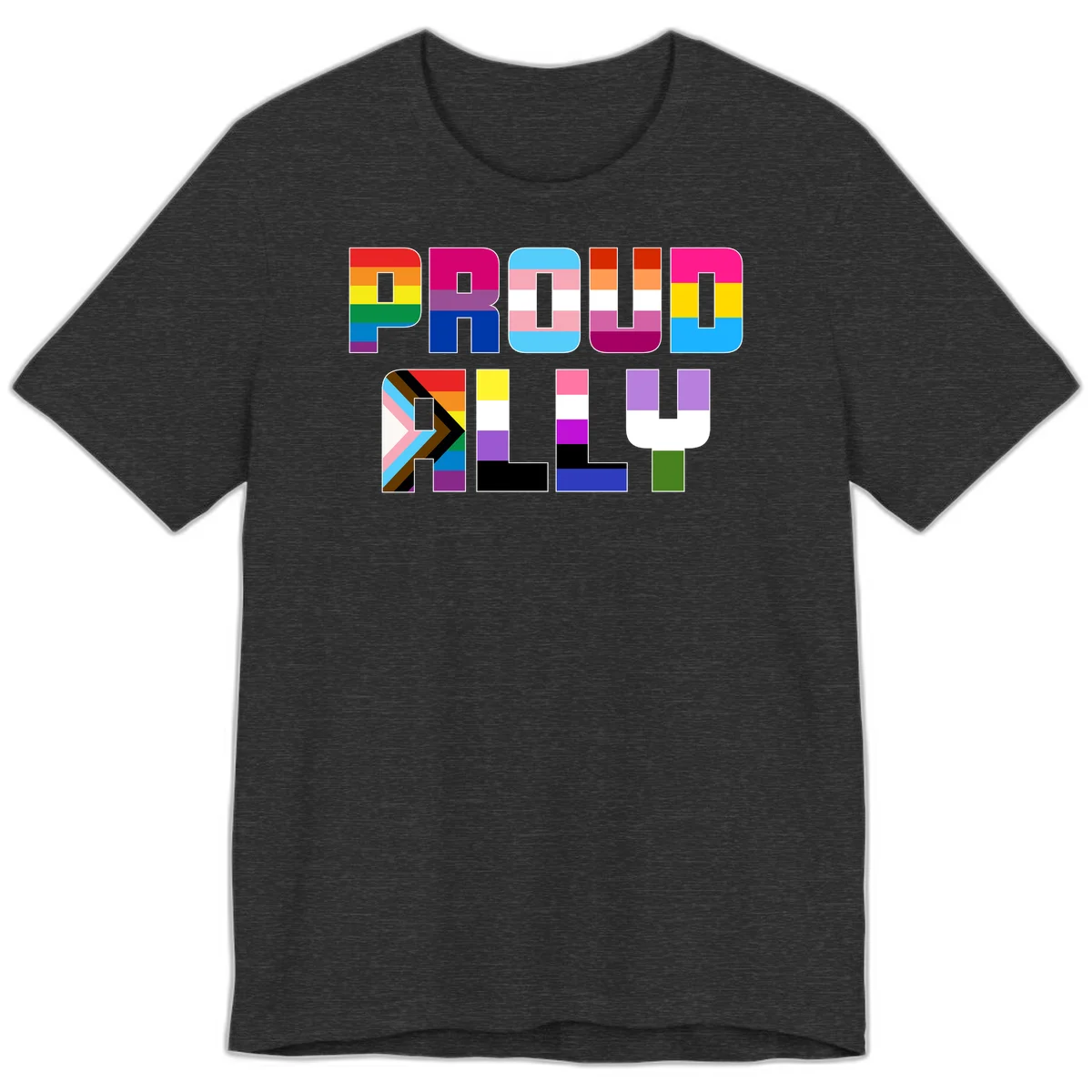Colorful alphabet letters constructed from pride flags including rainbow, trans, and intersex designs on gray background in Dark Grey Heather