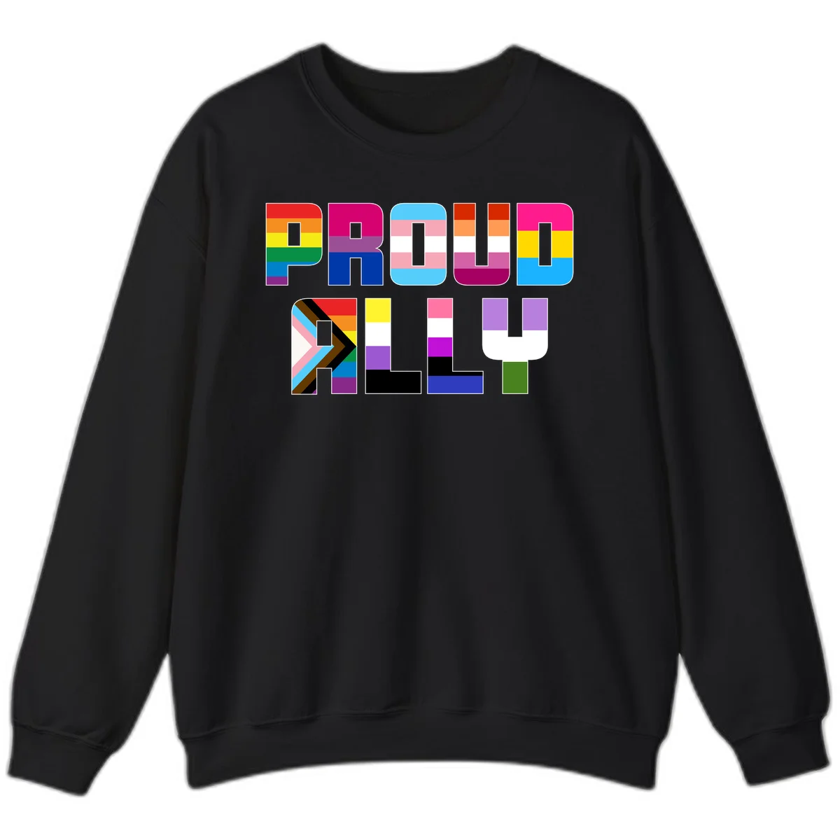 Colorful alphabet letters constructed from pride flags including rainbow, trans, and intersex designs on gray background in Black