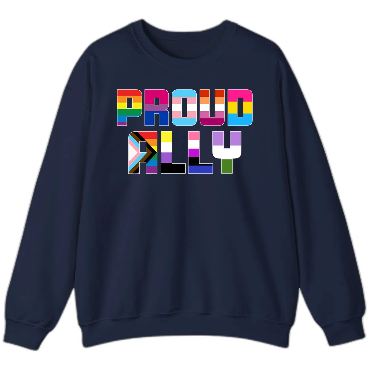 Colorful alphabet letters constructed from pride flags including rainbow, trans, and intersex designs on gray background in Navy