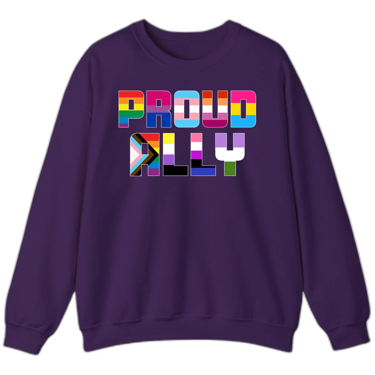 Colorful alphabet letters constructed from pride flags including rainbow, trans, and intersex designs on gray background in Purple