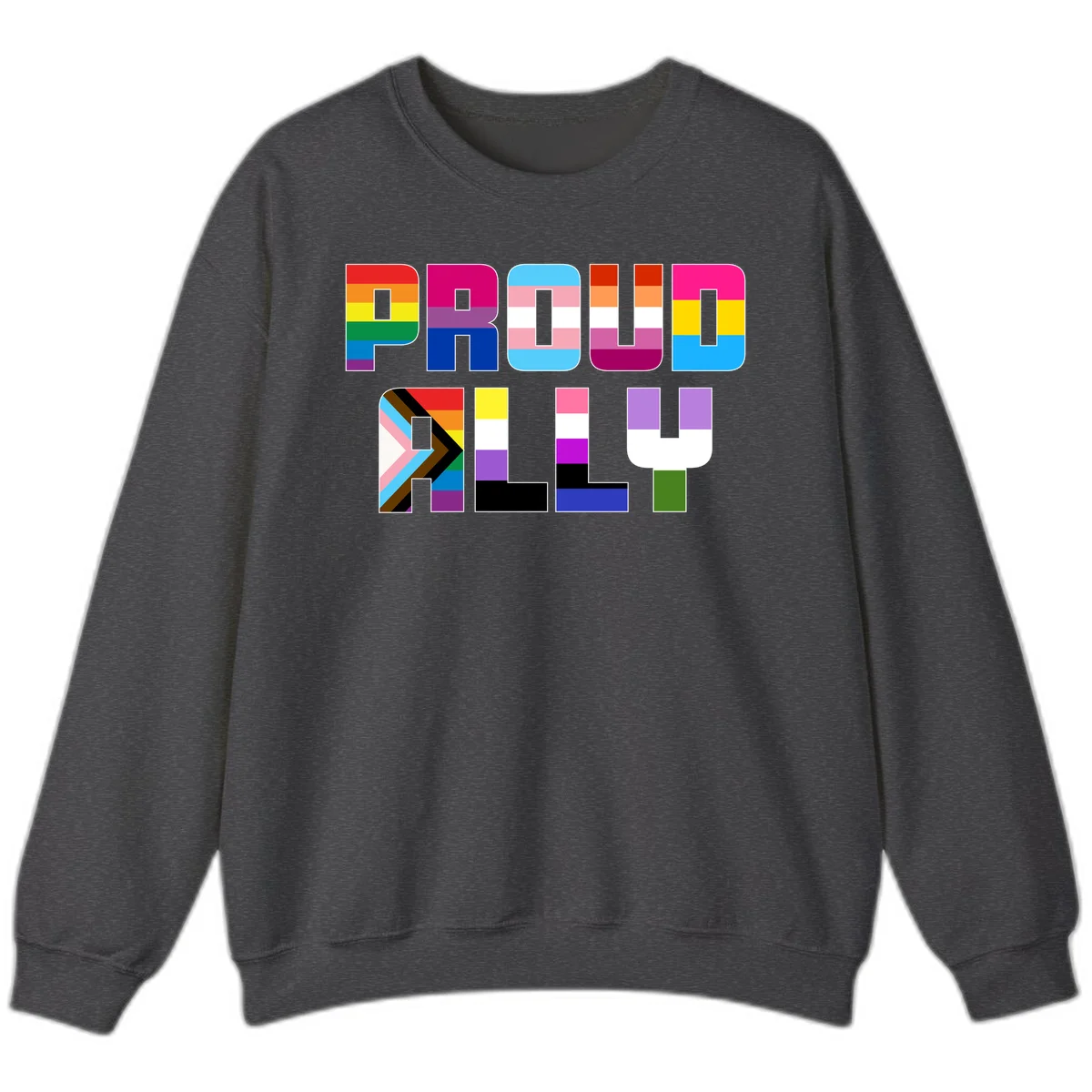 Colorful alphabet letters constructed from pride flags including rainbow, trans, and intersex designs on gray background in Dark Heather