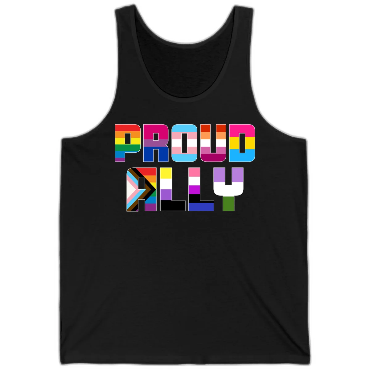 Colorful alphabet letters constructed from pride flags including rainbow, trans, and intersex designs on gray background in Black