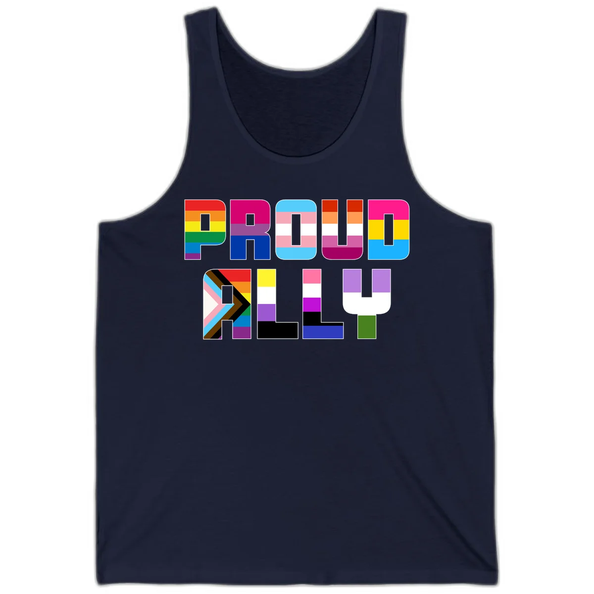 Colorful alphabet letters constructed from pride flags including rainbow, trans, and intersex designs on gray background in Navy