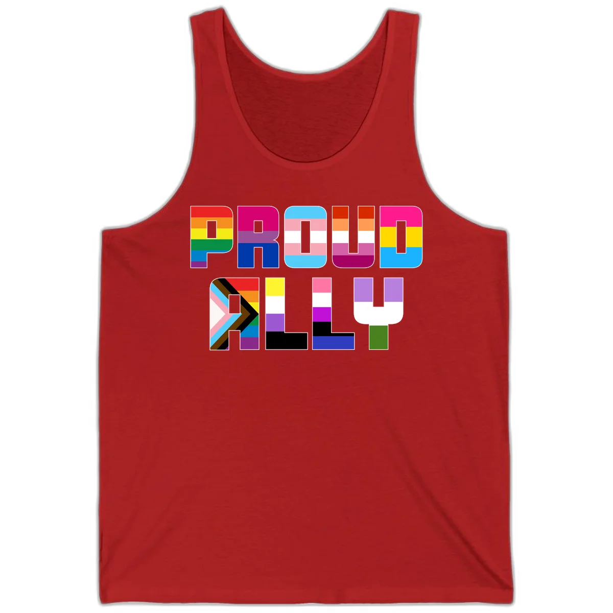 Colorful alphabet letters constructed from pride flags including rainbow, trans, and intersex designs on gray background in Red