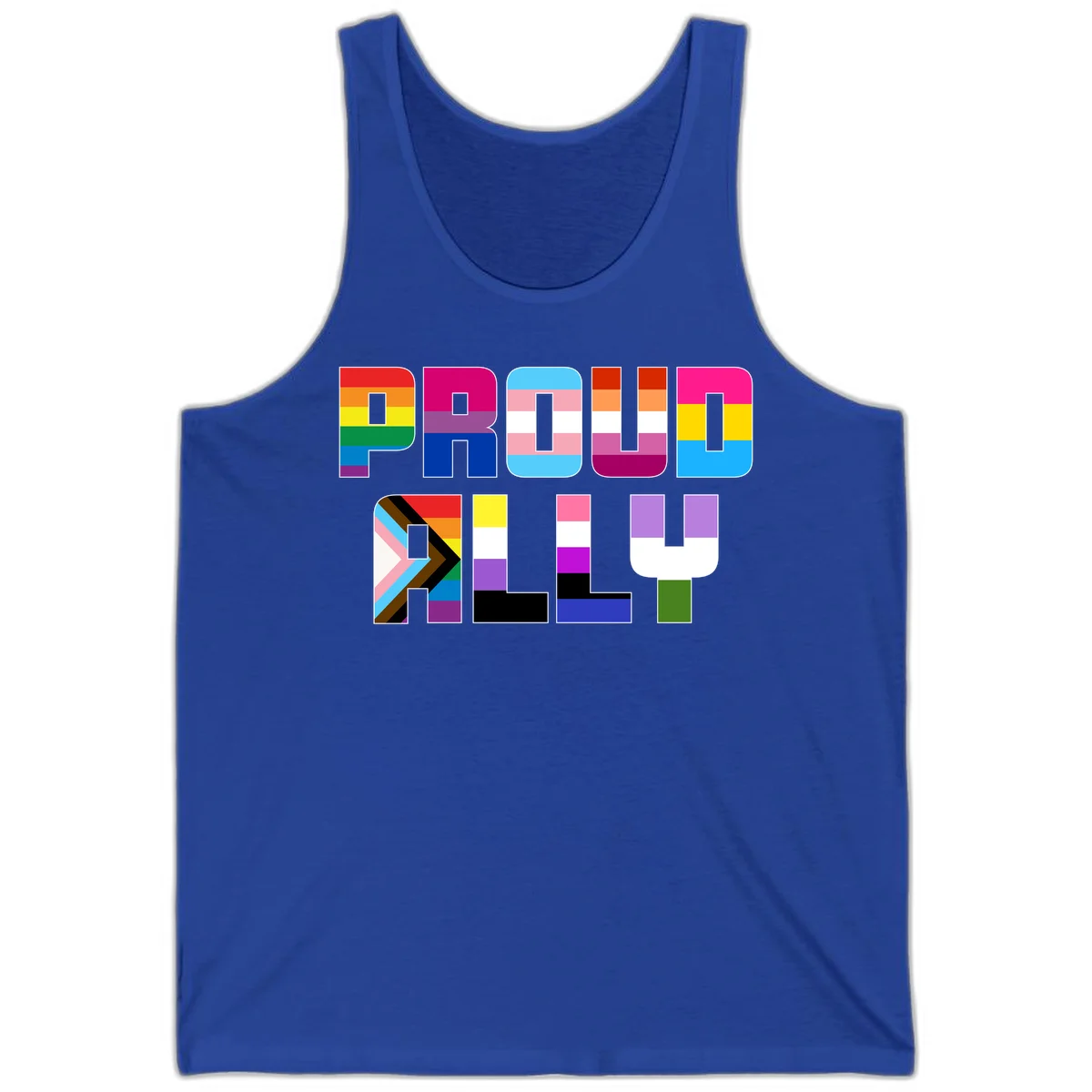 Colorful alphabet letters constructed from pride flags including rainbow, trans, and intersex designs on gray background in True Royal