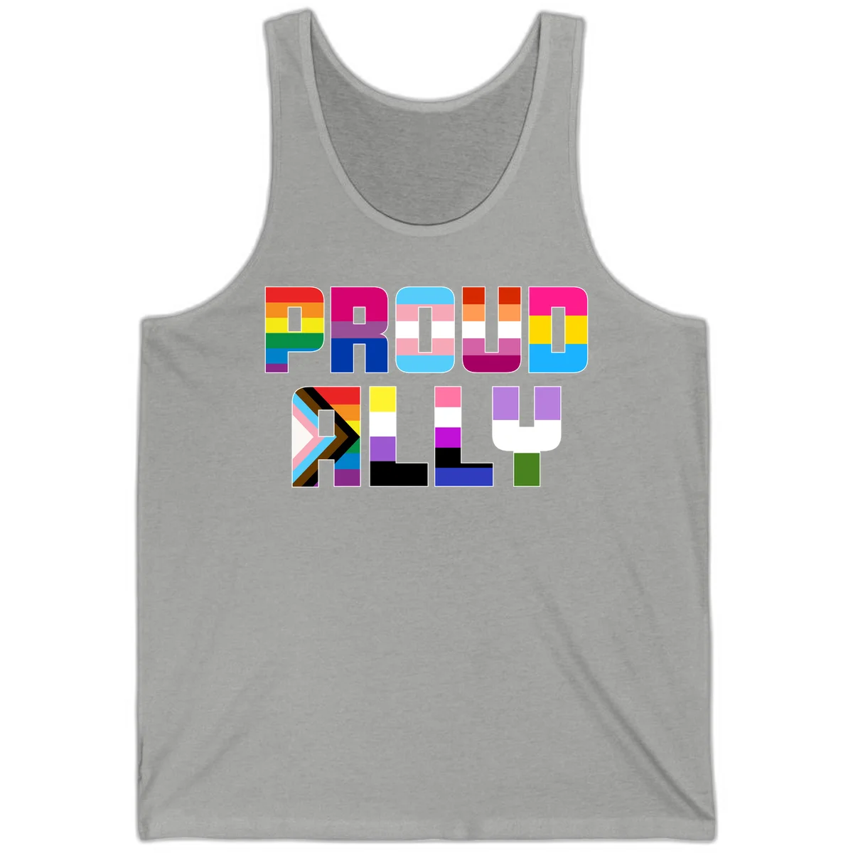 Colorful alphabet letters constructed from pride flags including rainbow, trans, and intersex designs on gray background in Athletic Heather