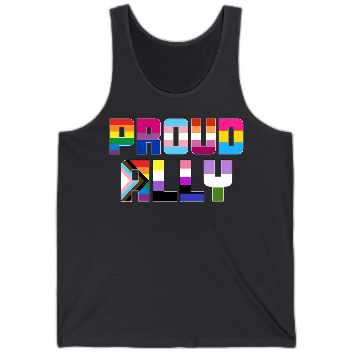 Colorful alphabet letters constructed from pride flags including rainbow, trans, and intersex designs on gray background in Dark Grey