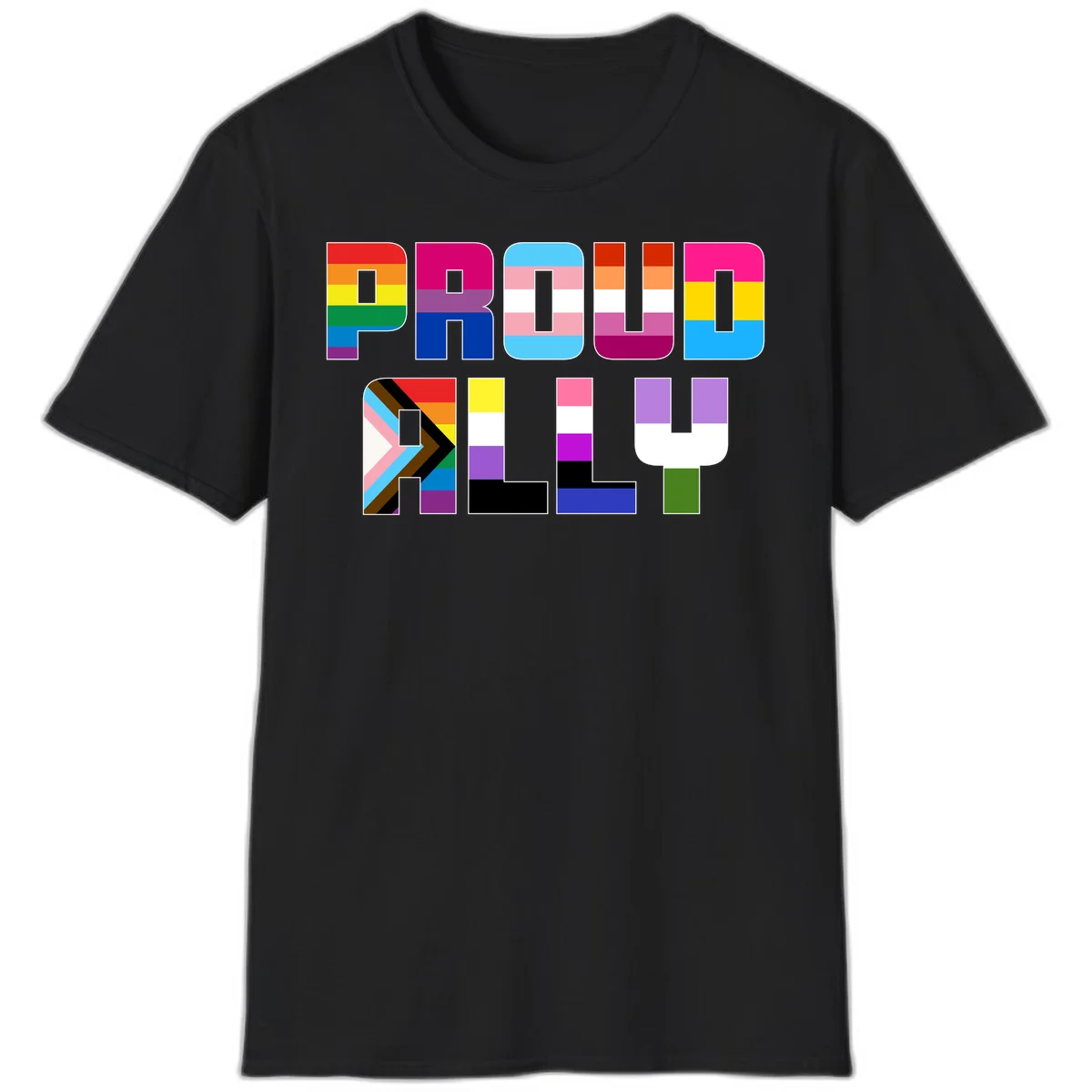 Colorful alphabet letters constructed from pride flags including rainbow, trans, and intersex designs on gray background in Black