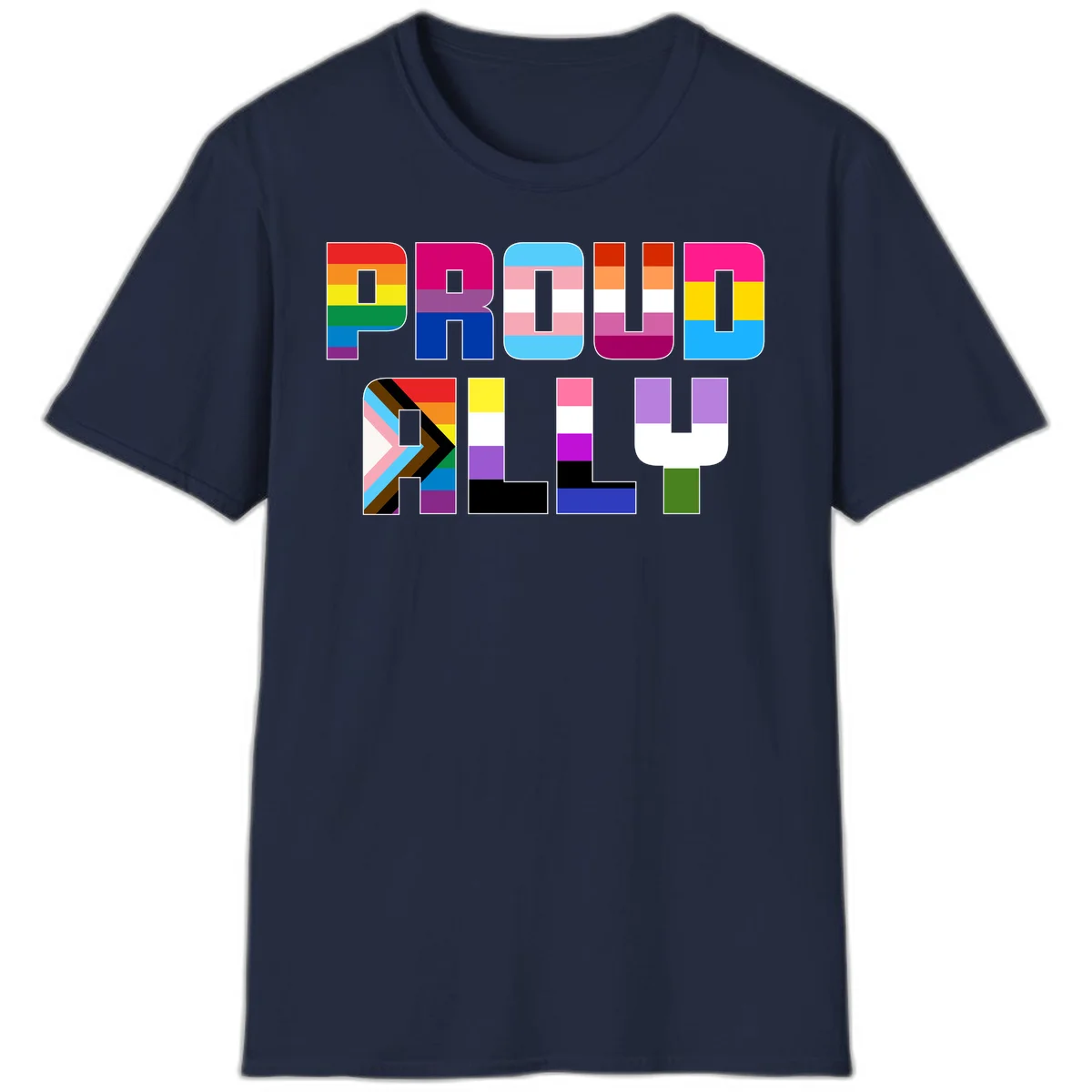Colorful alphabet letters constructed from pride flags including rainbow, trans, and intersex designs on gray background in Navy