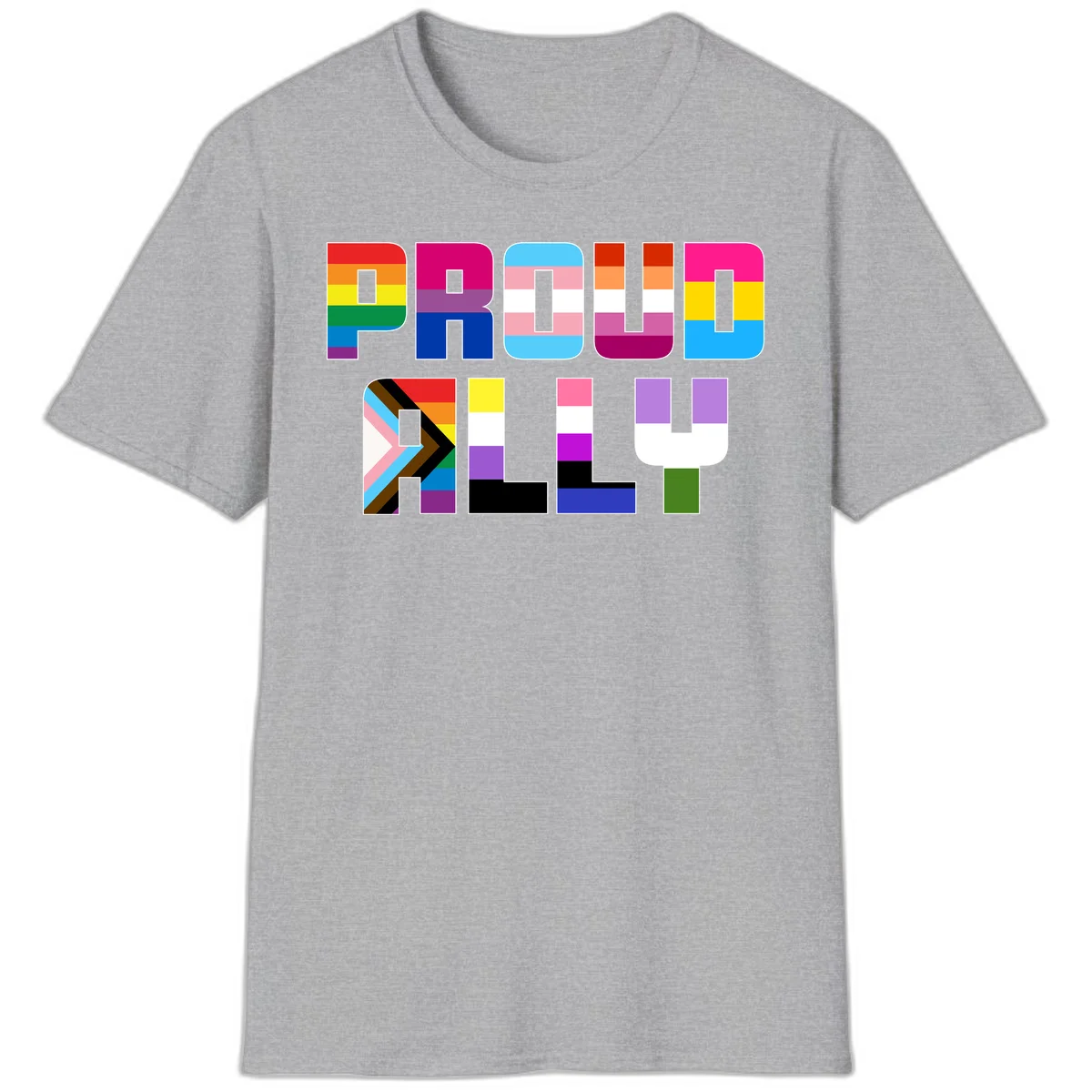 Colorful alphabet letters constructed from pride flags including rainbow, trans, and intersex designs on gray background in Sport Grey