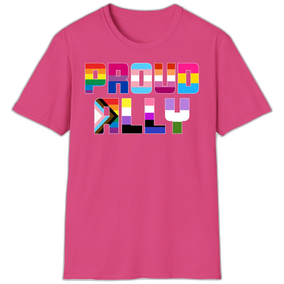 Colorful alphabet letters constructed from pride flags including rainbow, trans, and intersex designs on gray background in Heliconia