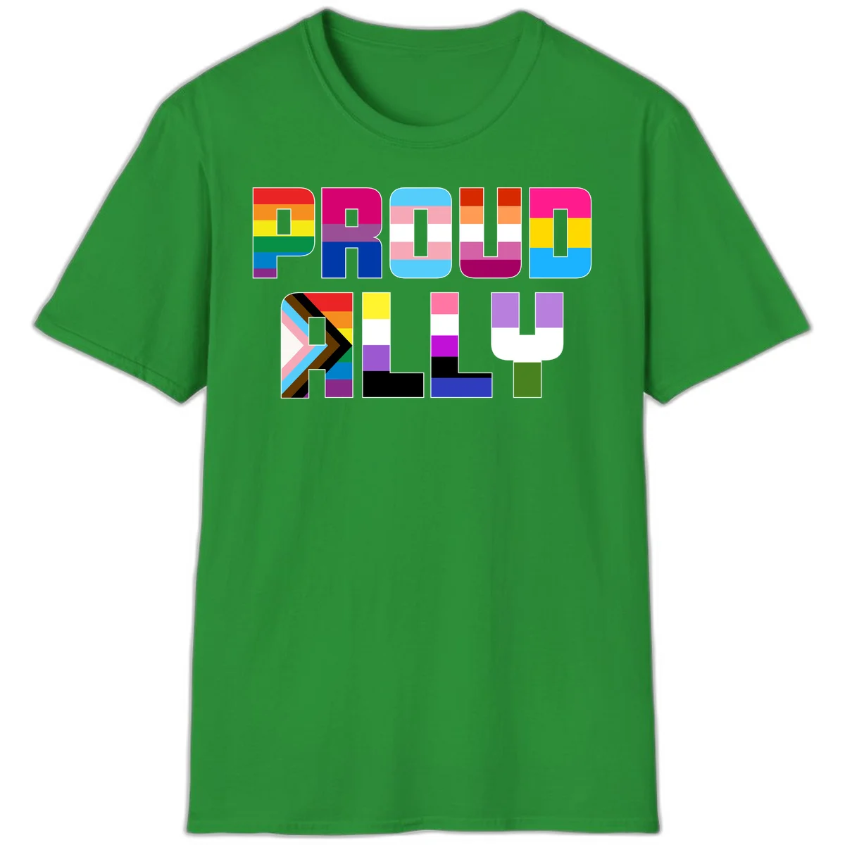 Colorful alphabet letters constructed from pride flags including rainbow, trans, and intersex designs on gray background in Irish Green