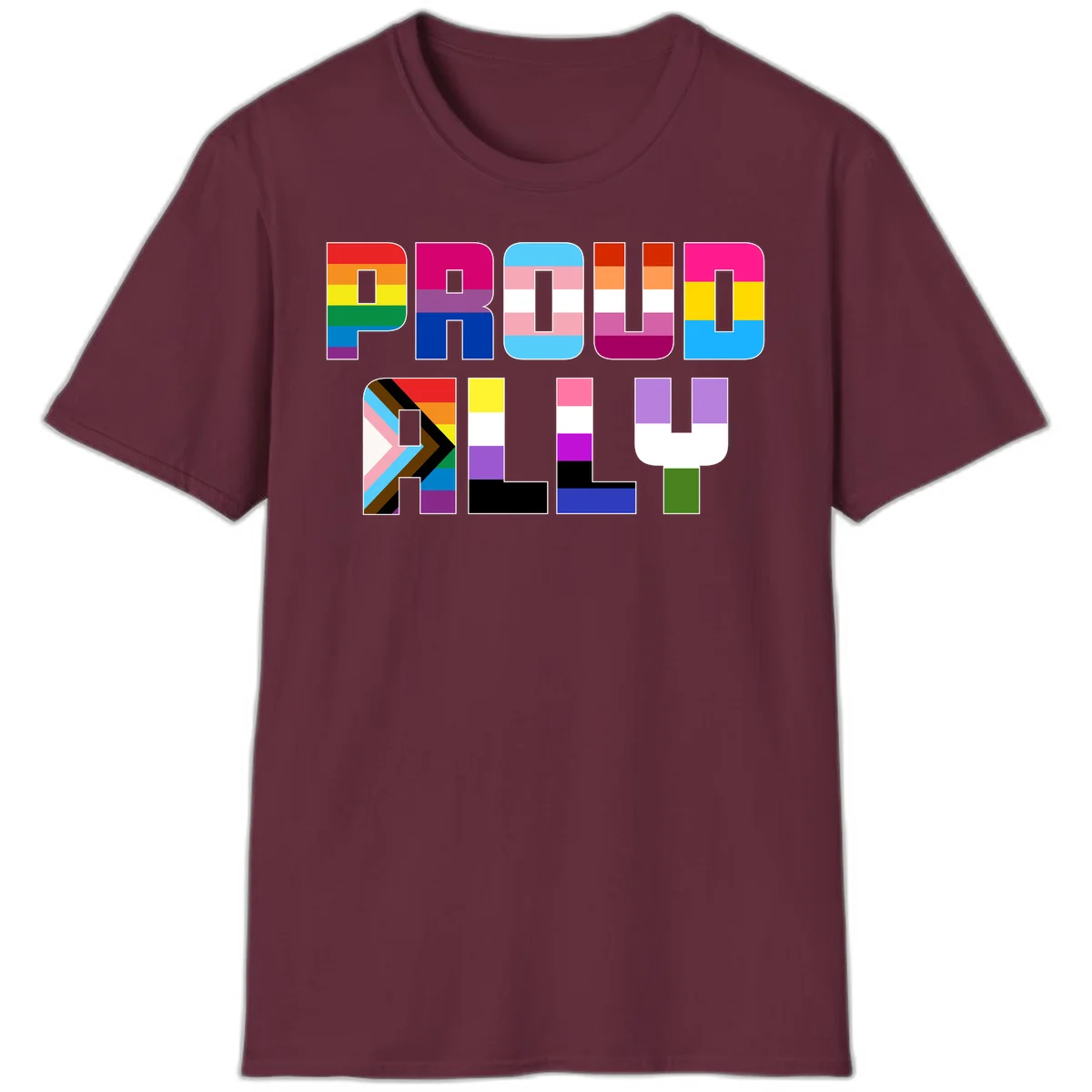 Colorful alphabet letters constructed from pride flags including rainbow, trans, and intersex designs on gray background in Maroon