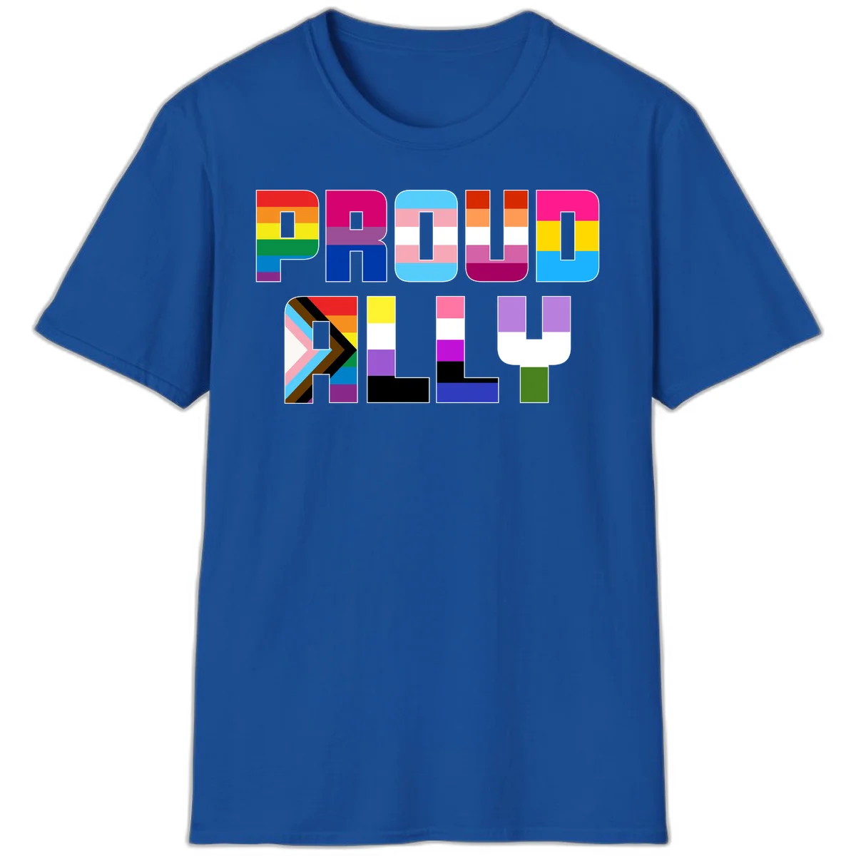Colorful alphabet letters constructed from pride flags including rainbow, trans, and intersex designs on gray background in Royal