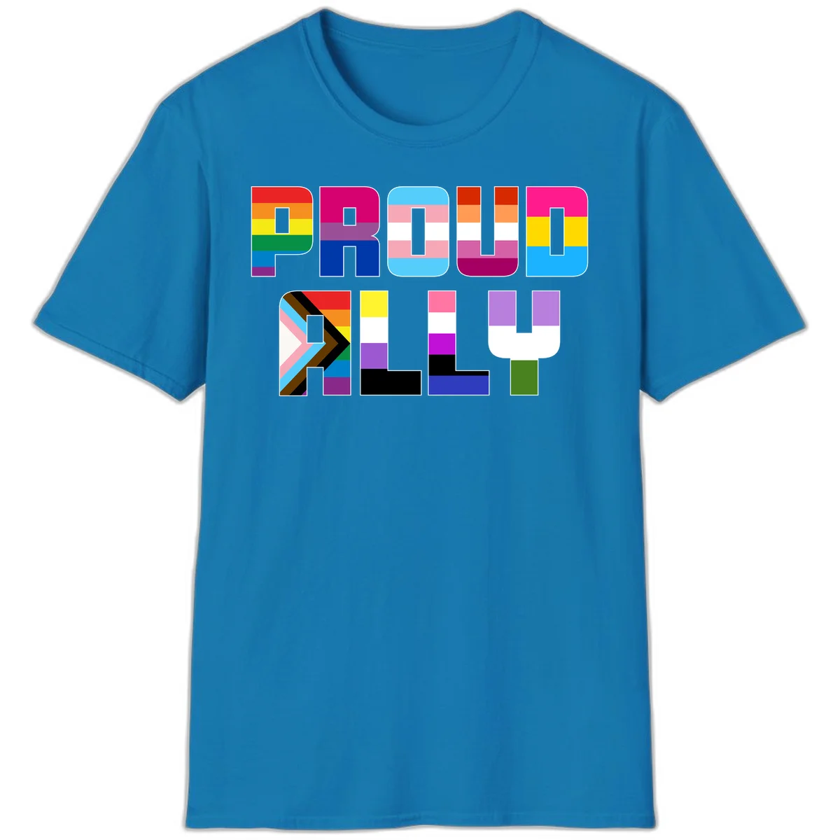 Colorful alphabet letters constructed from pride flags including rainbow, trans, and intersex designs on gray background in Sapphire