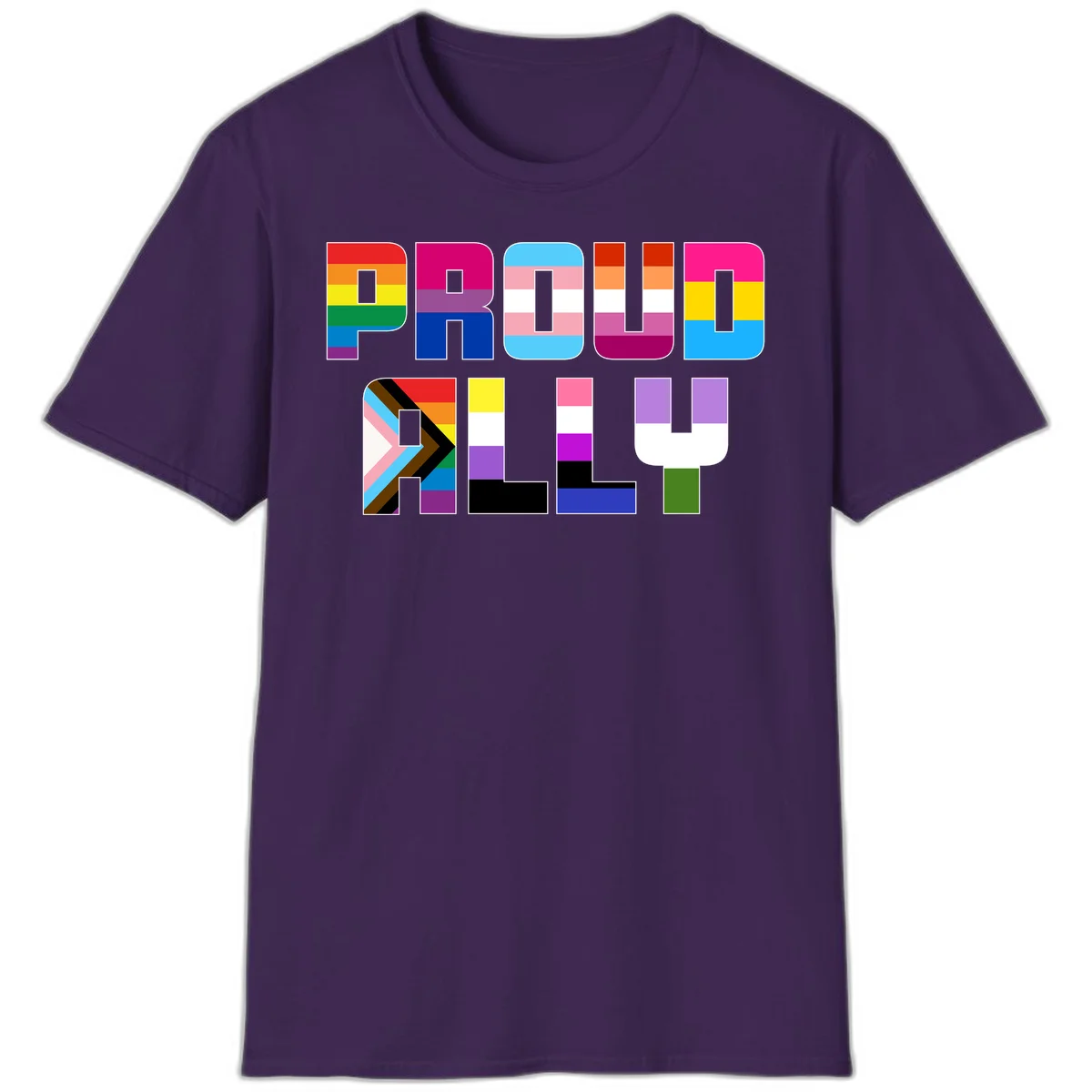 Colorful alphabet letters constructed from pride flags including rainbow, trans, and intersex designs on gray background in Purple