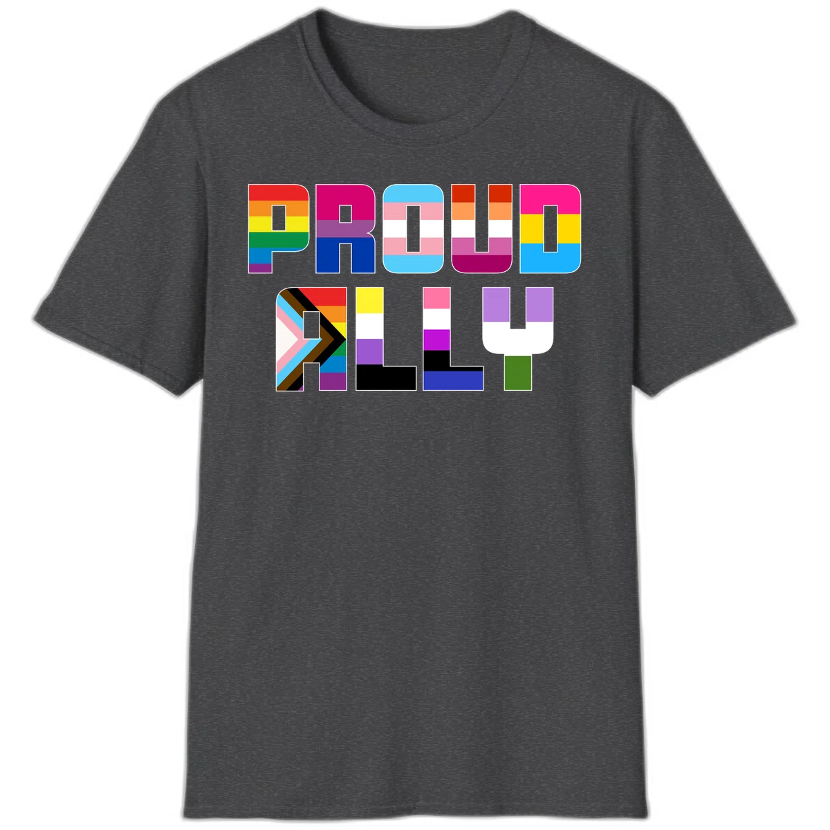Colorful alphabet letters constructed from pride flags including rainbow, trans, and intersex designs on gray background in Dark Heather