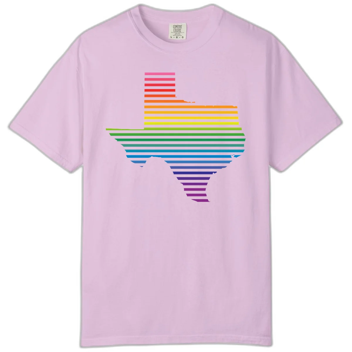 Rainbow pride spectrum design with cascading horizontal bars transitioning through all pride flag colors from pink to purple in Orchid