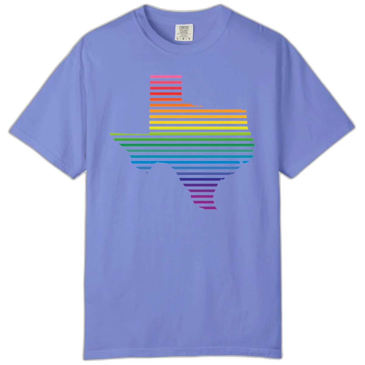 Rainbow pride spectrum design with cascading horizontal bars transitioning through all pride flag colors from pink to purple in Flo Blue