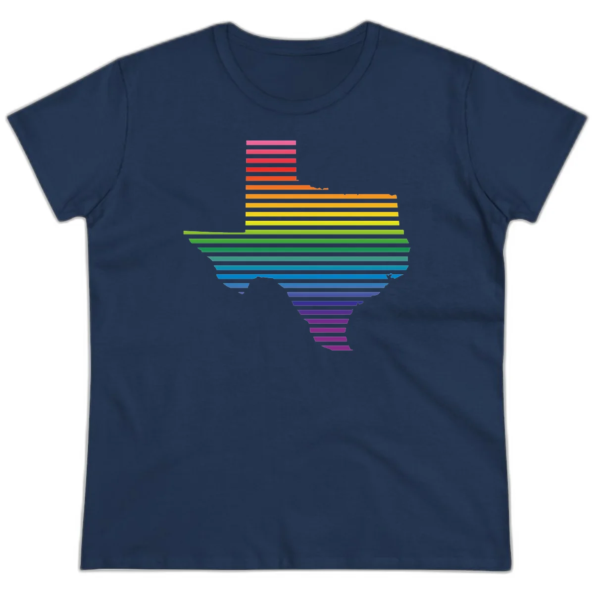Rainbow pride spectrum design with cascading horizontal bars transitioning through all pride flag colors from pink to purple in Navy